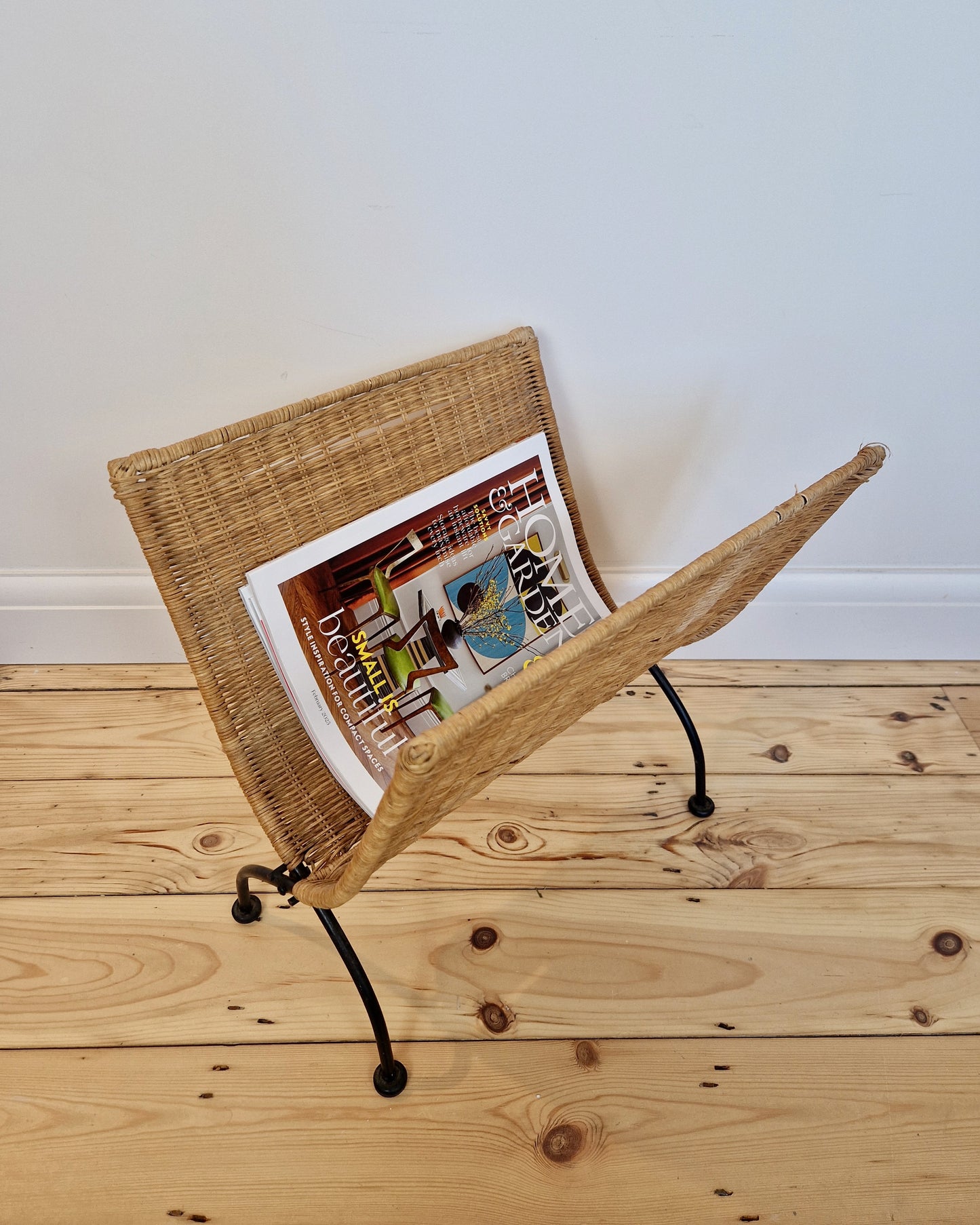 Wicker Woven and Cast Iron Magazine rack or Log Store
