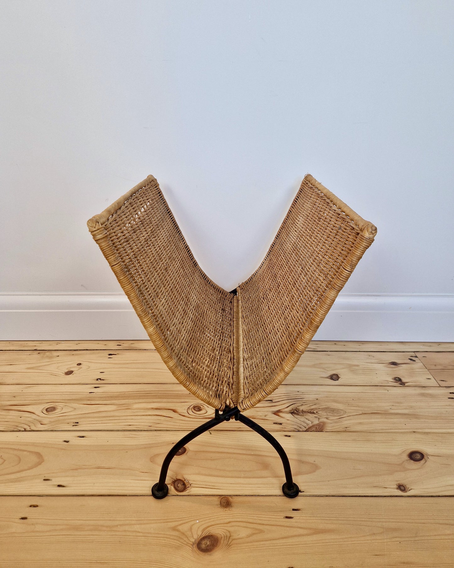 Wicker Woven and Cast Iron Magazine rack or Log Store