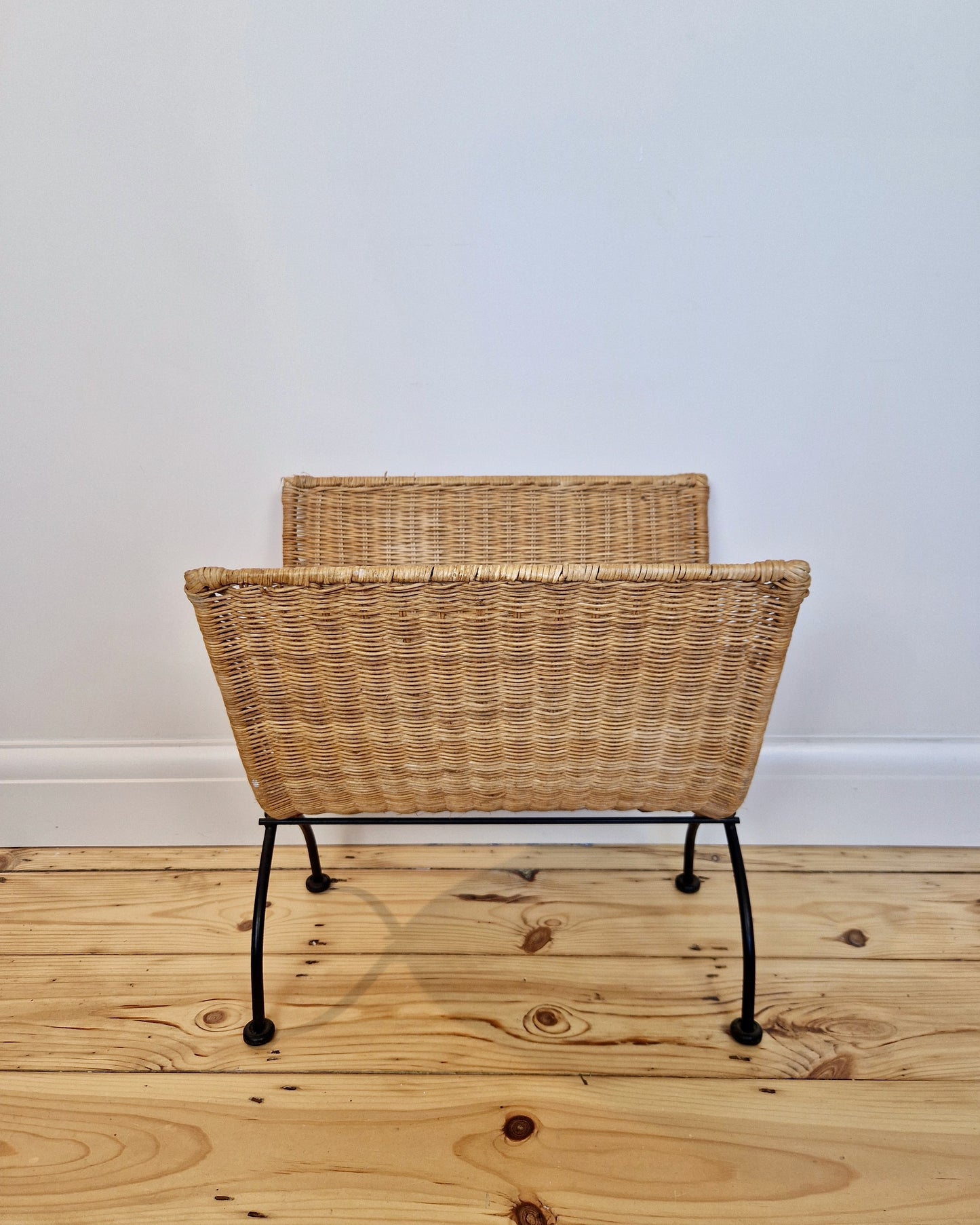 Wicker Woven and Cast Iron Magazine rack or Log Store