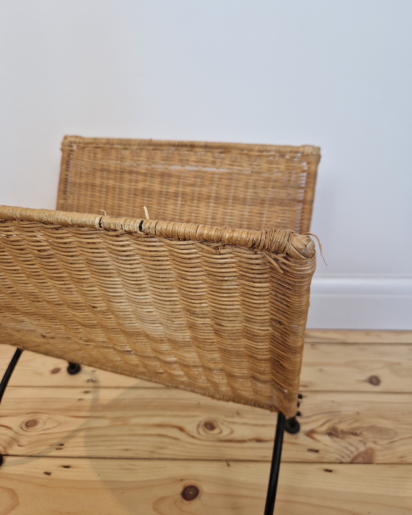 Wicker Woven and Cast Iron Magazine rack or Log Store