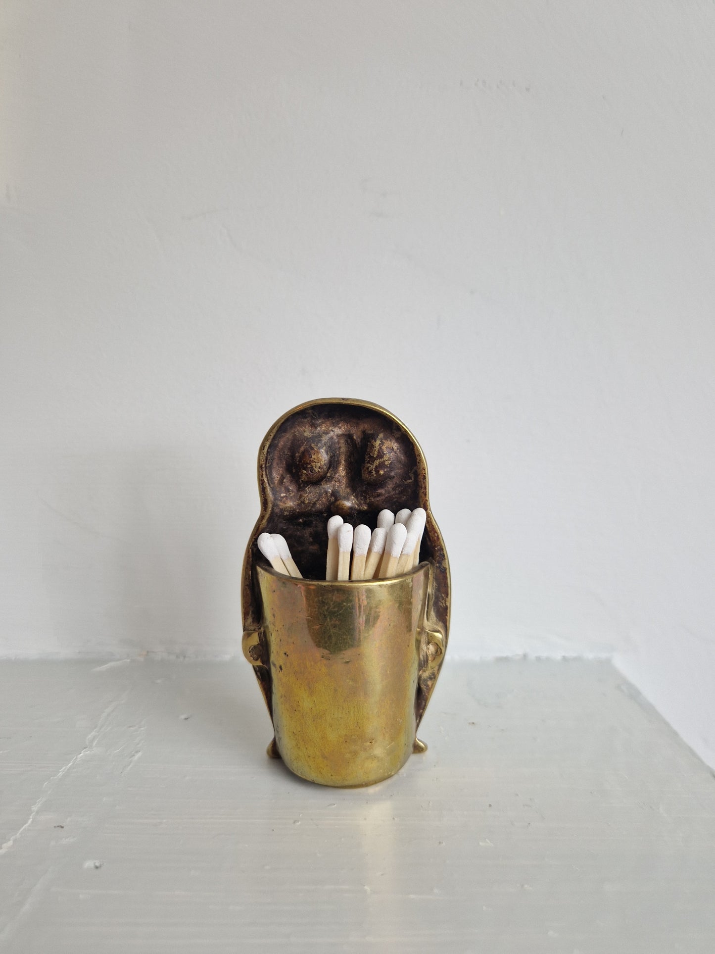 Vintage Brass Owl Match Pot