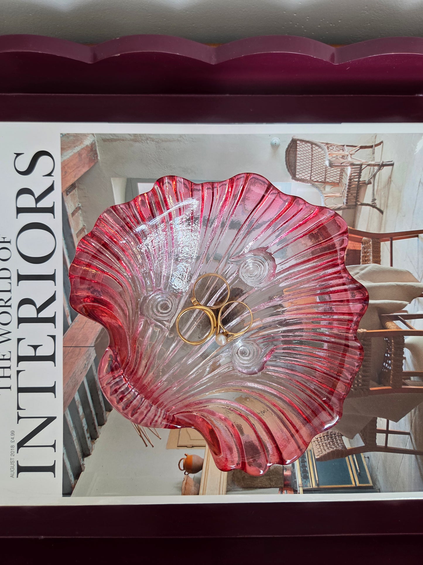 Red pink glass shell dish