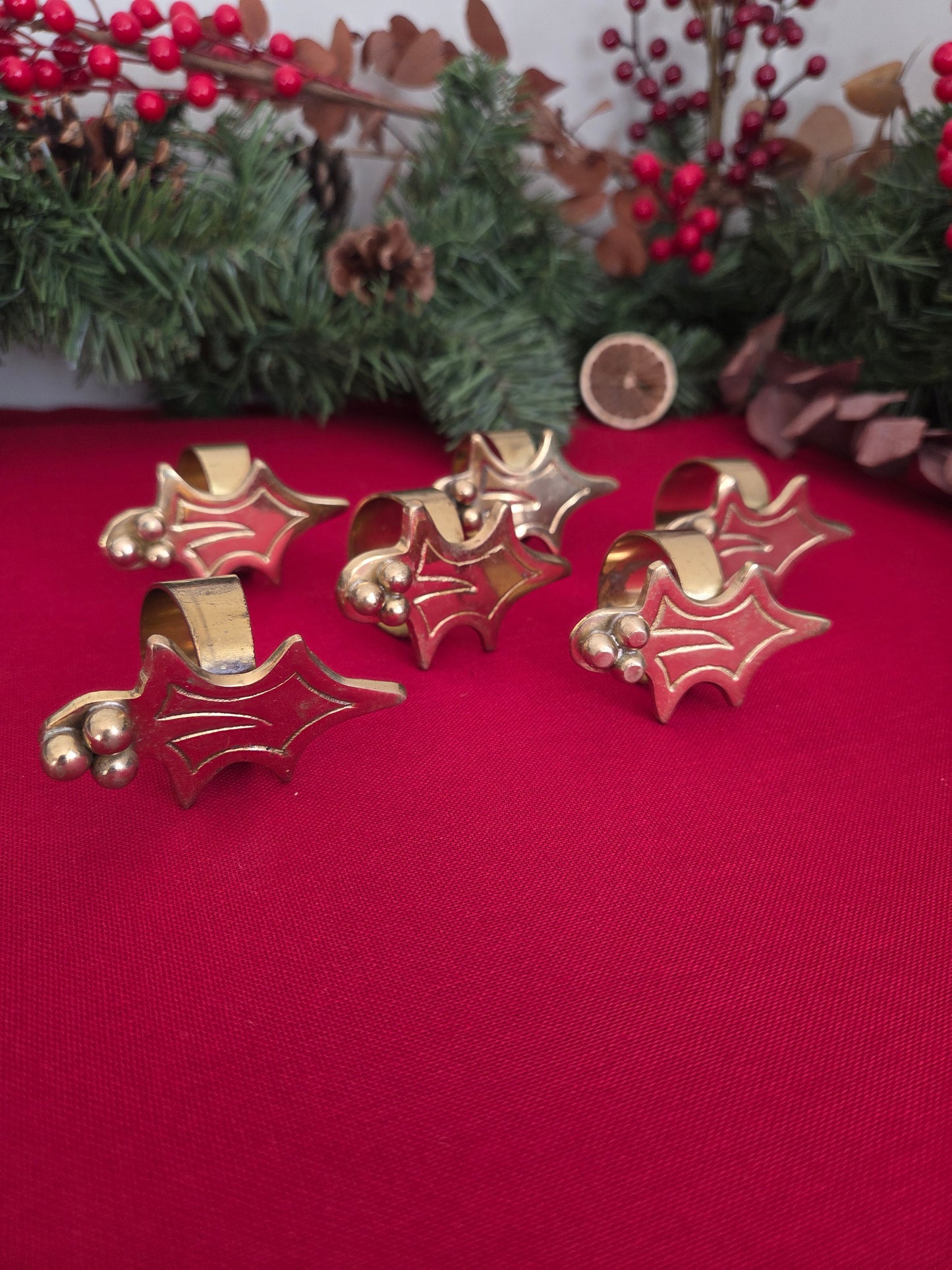 Set of Six Brass Holly Napkin Rings (2/2)