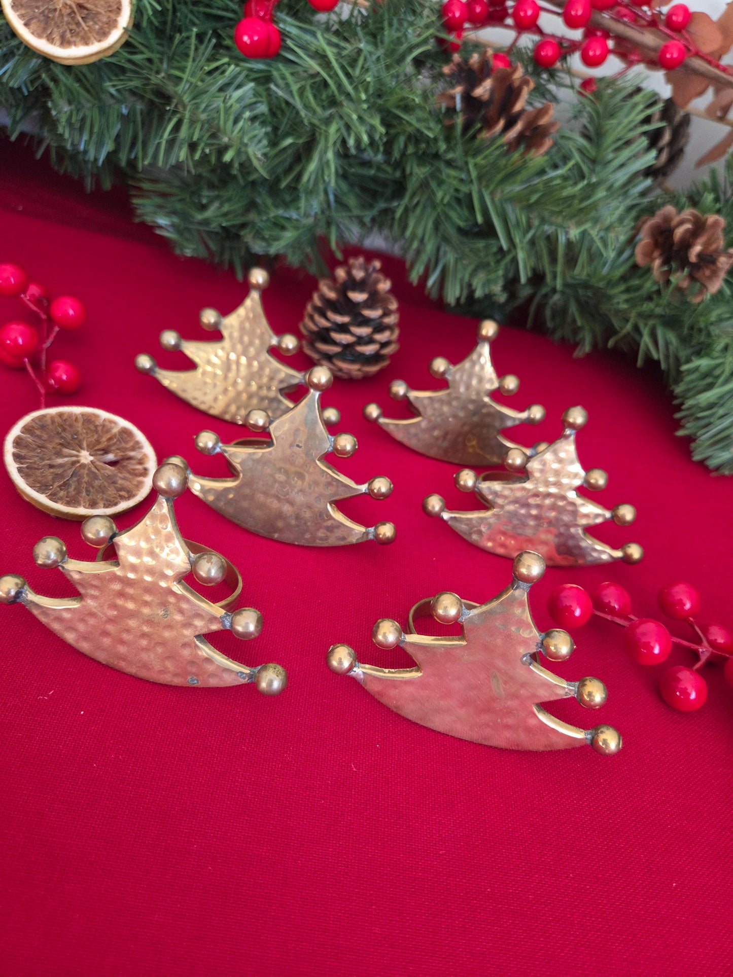 Set of Six Brass Christmas Tree Napkin Rings