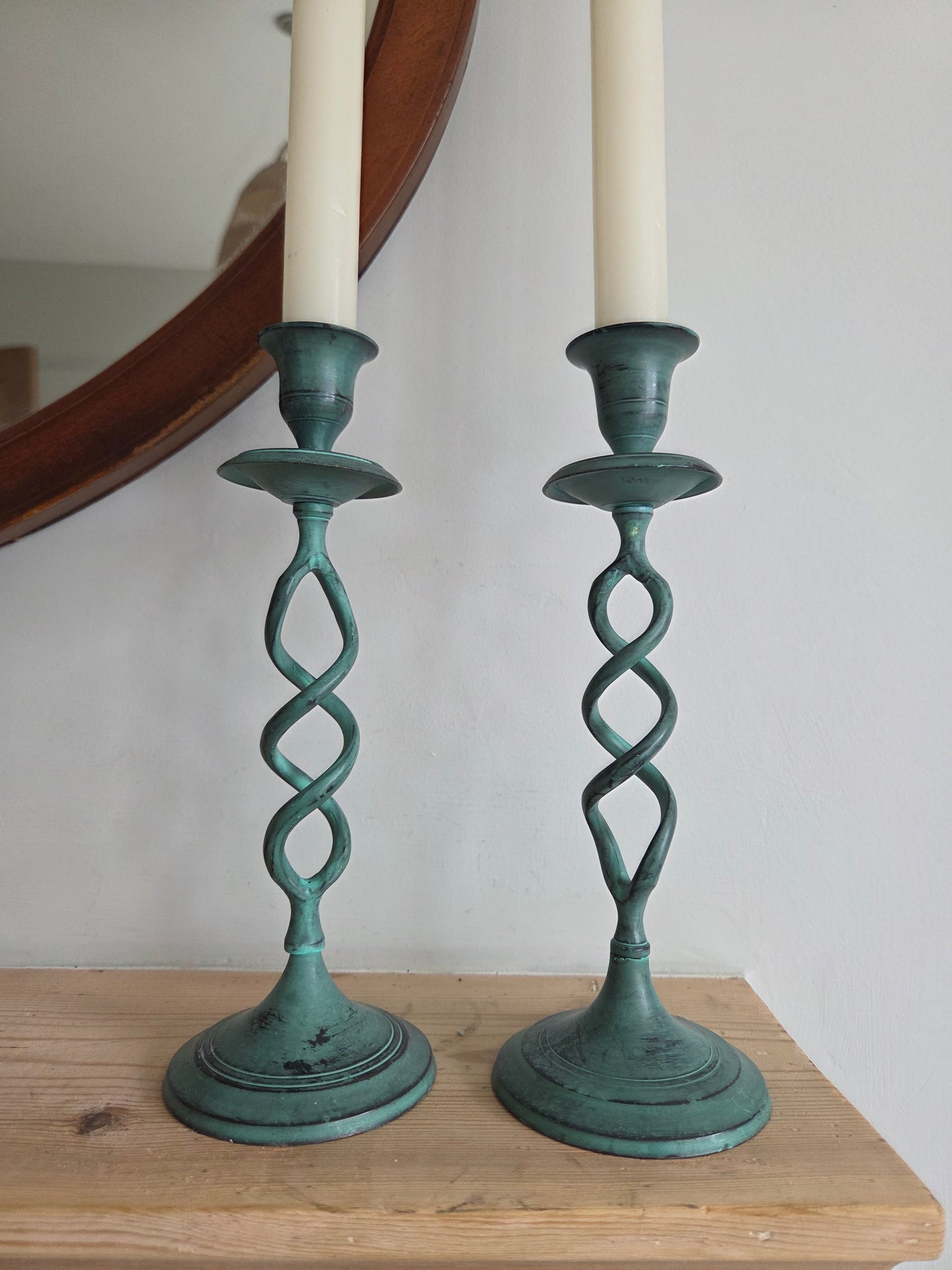 Vintage Verdigris Barley Twist Candlesticks