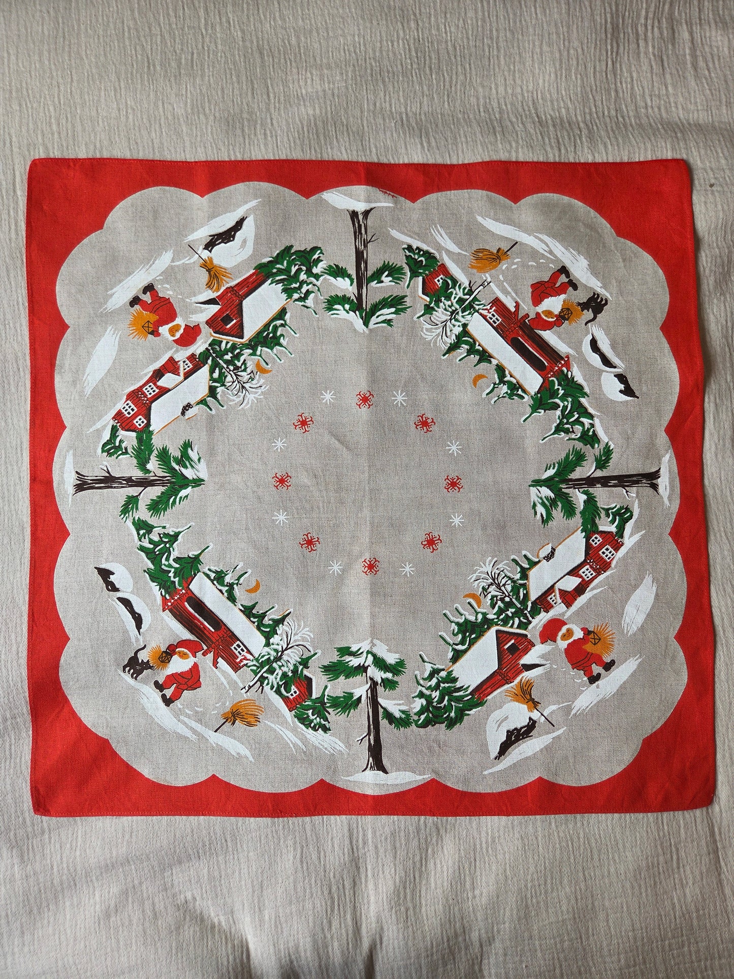 Vintage Swedish Christmas Tablecloth - Houses and Tomtes