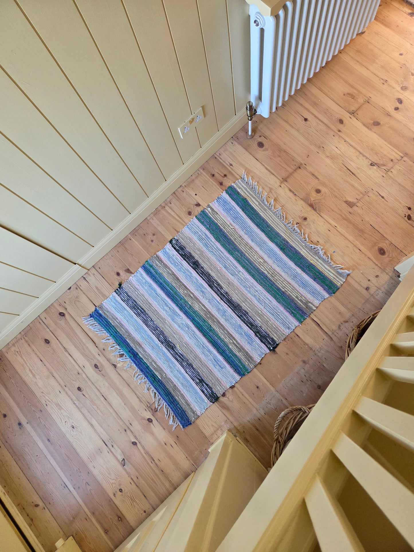 Vintage Swedish Rag Rug - Green, ochre and blue