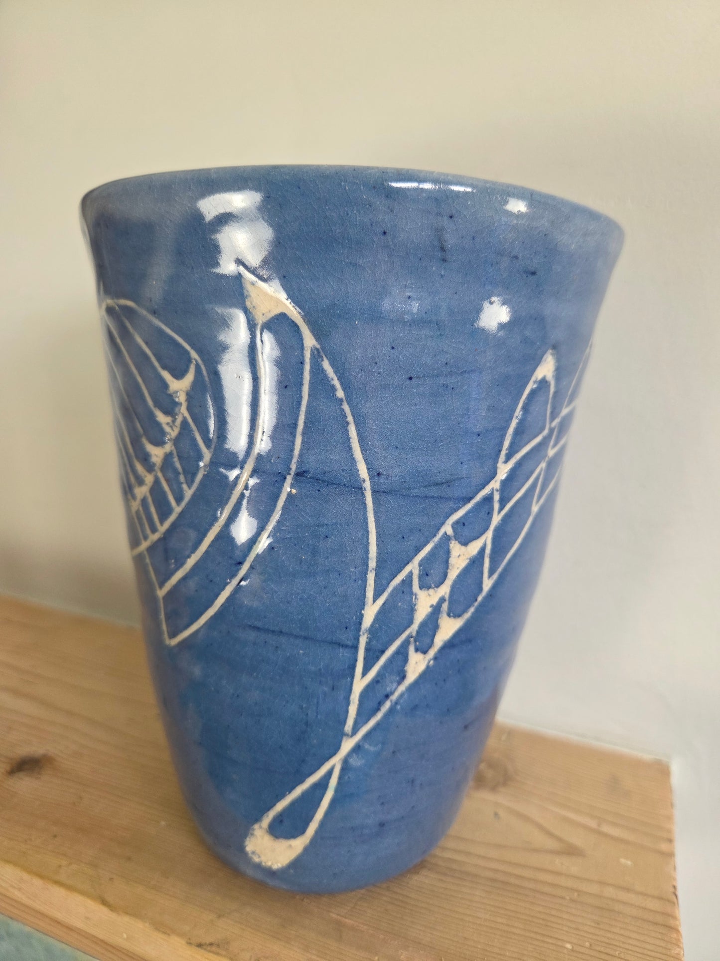 Blue Studio Pottery Vase with White Pattern