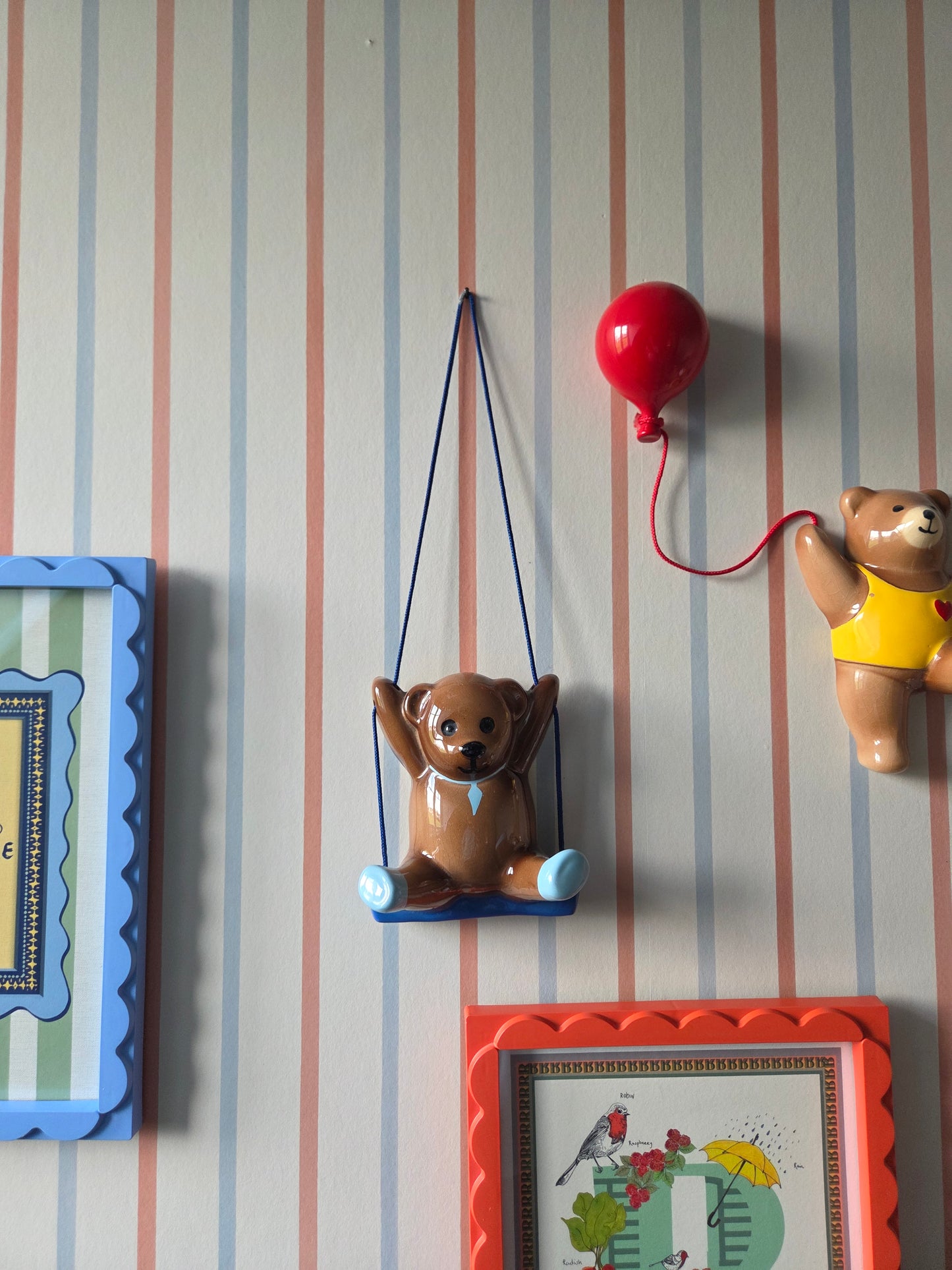 Vintage Ceramic Wall Bear on Blue Swing