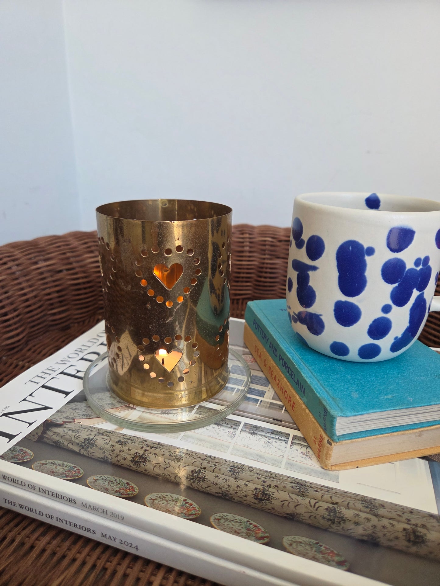 Brass Tealight Shade with Heart Cutouts on Glass Candle Plate