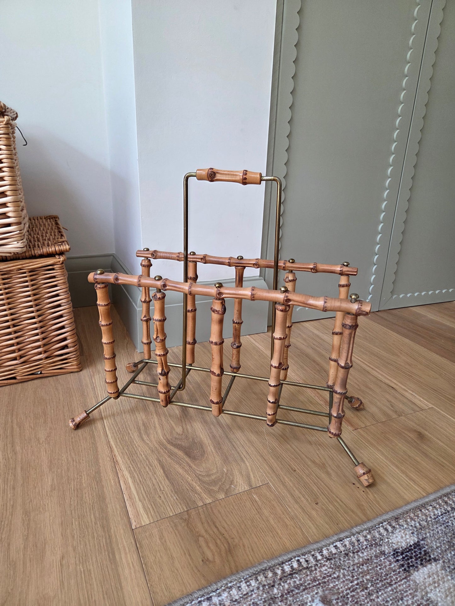 Vintage Brass and Faux Bamboo Magazine Rack