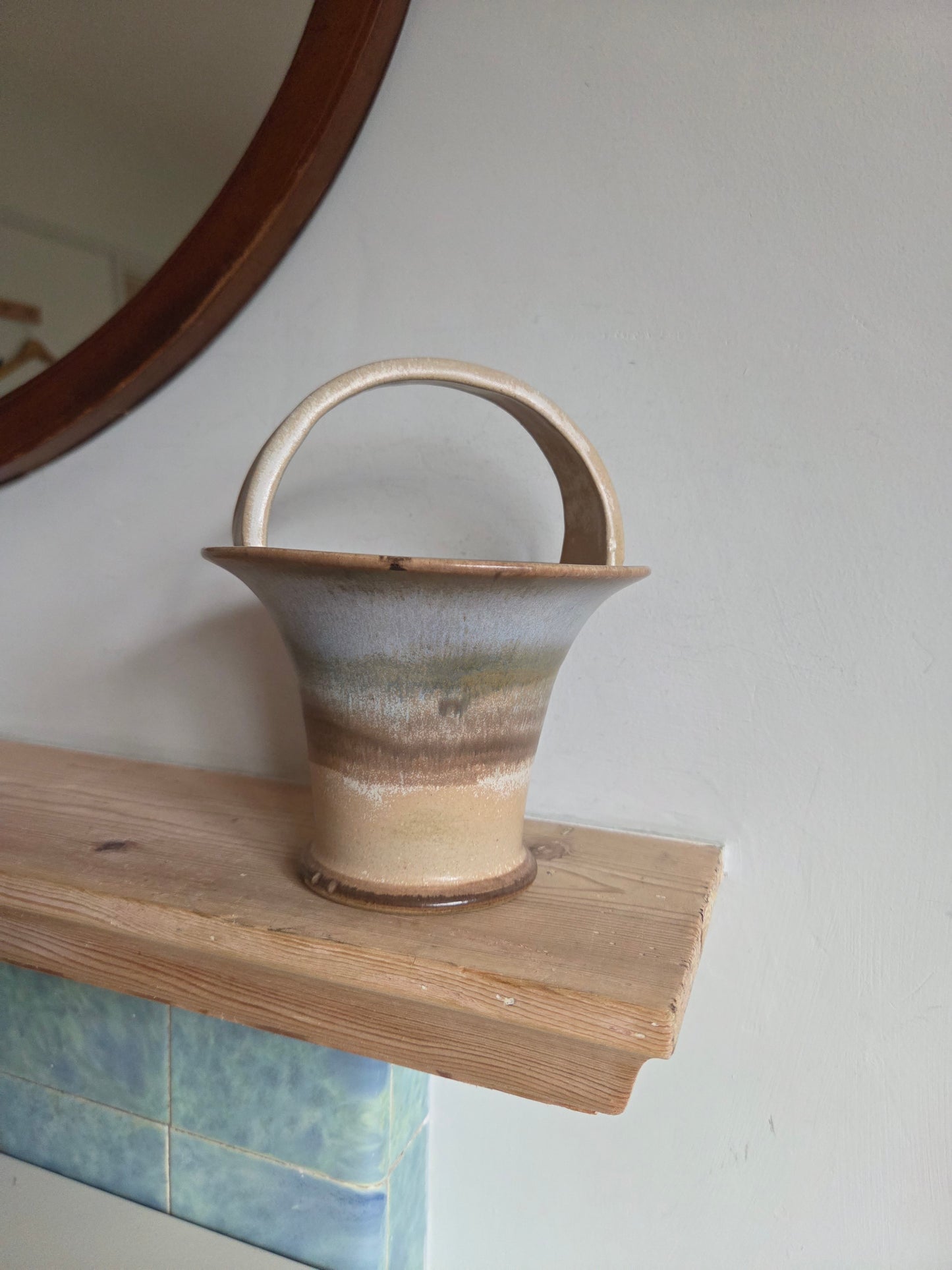 Medium Vintage Studio Pottery Basket Vase with Ombre Drip Glaze