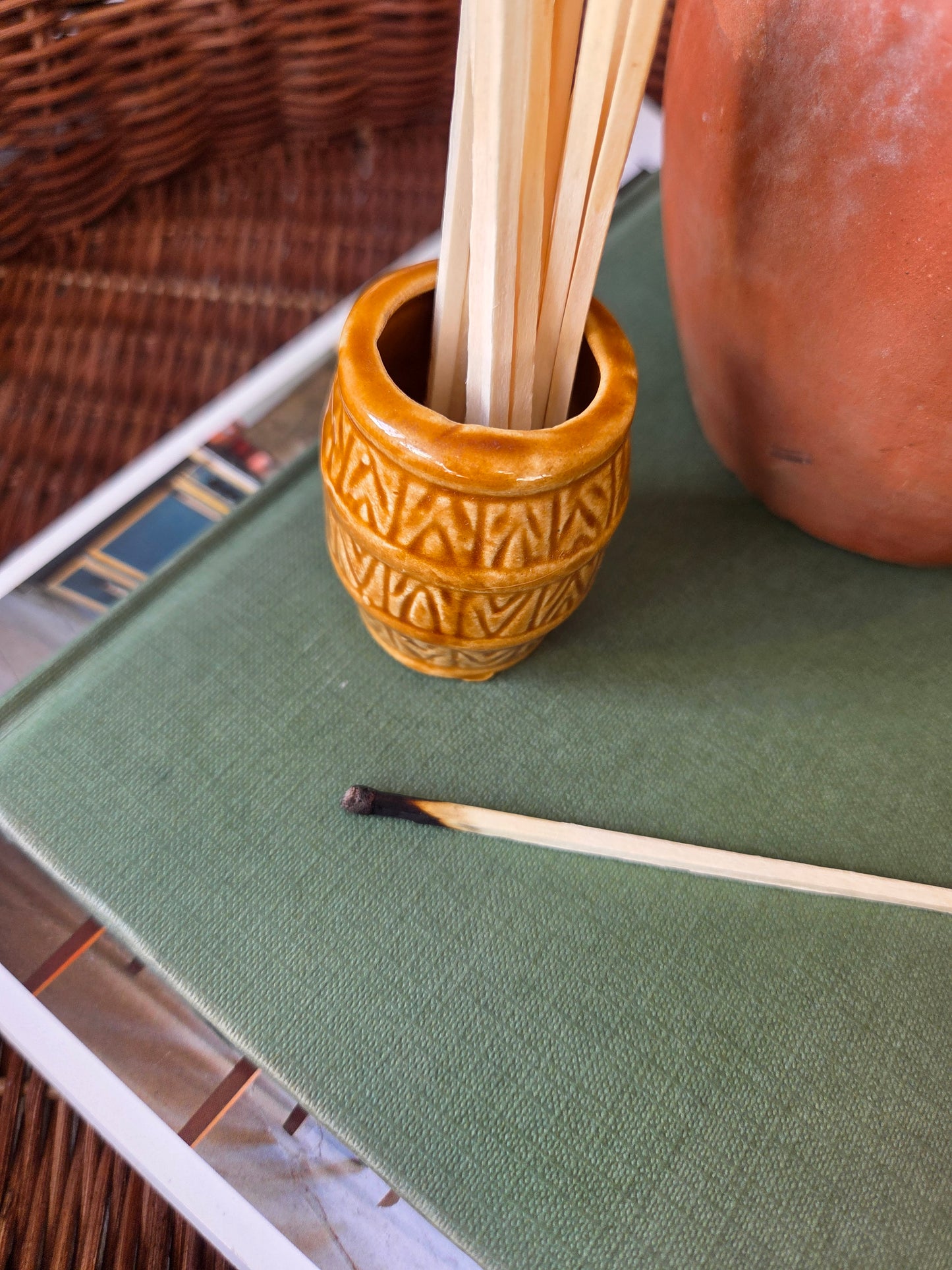 Vintage Swedish Ceramic Pot for Matches or Toothpicks - Light Brown Wood Grain