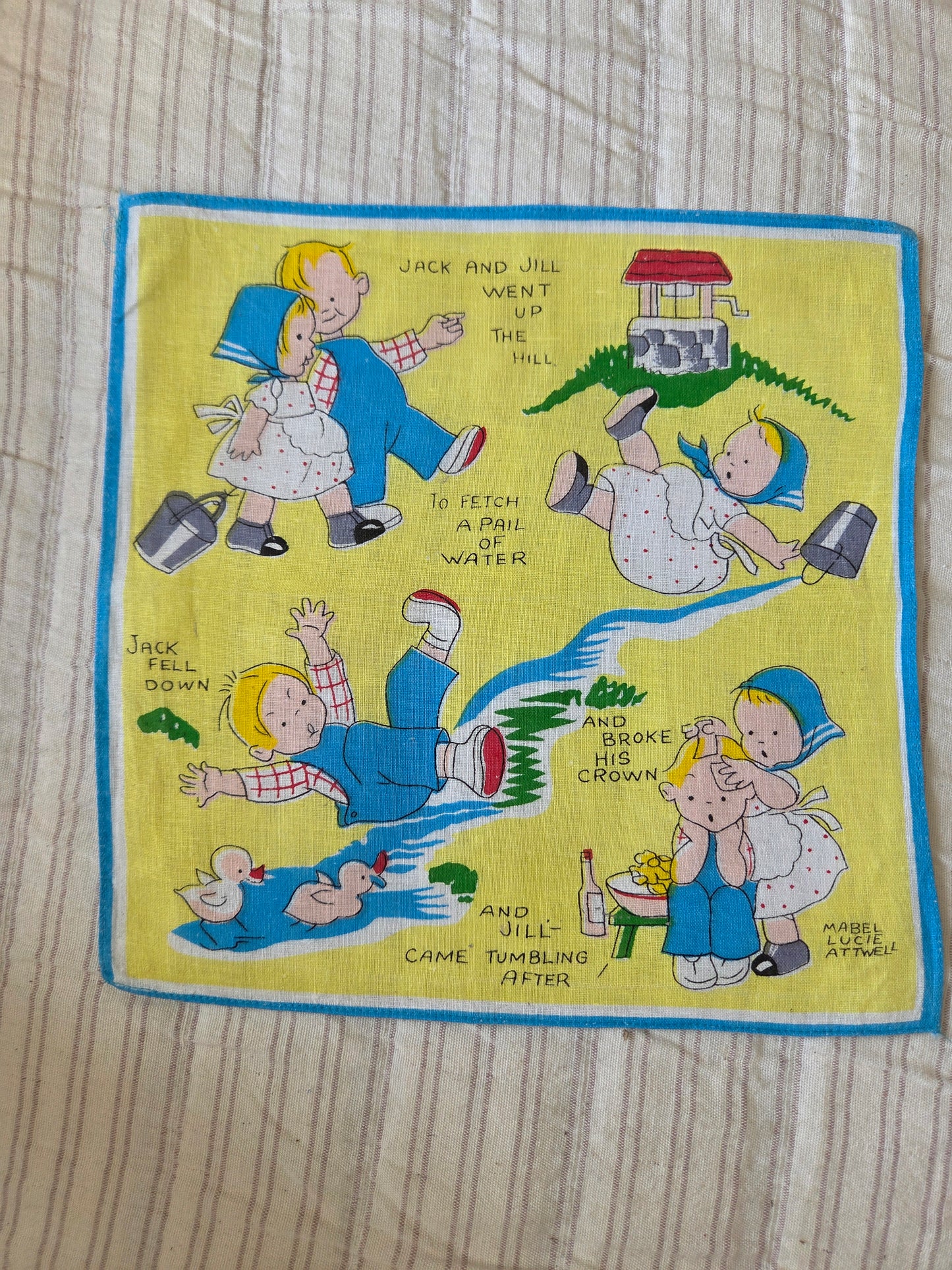 Framed Vintage Mabel Lucie Attwell Handkerchiefs - Jack and Jill or Ding Dong Bell