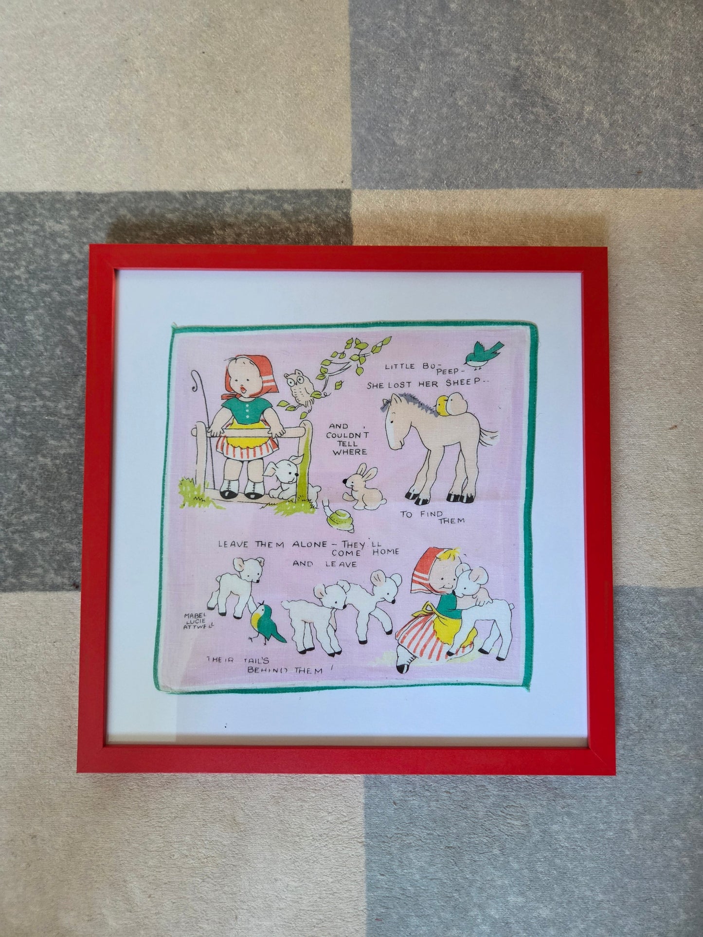 Framed Vintage Mabel Lucie Attwell Handkerchief in Red Frame - Little Bo Peep Nursery Rhyme