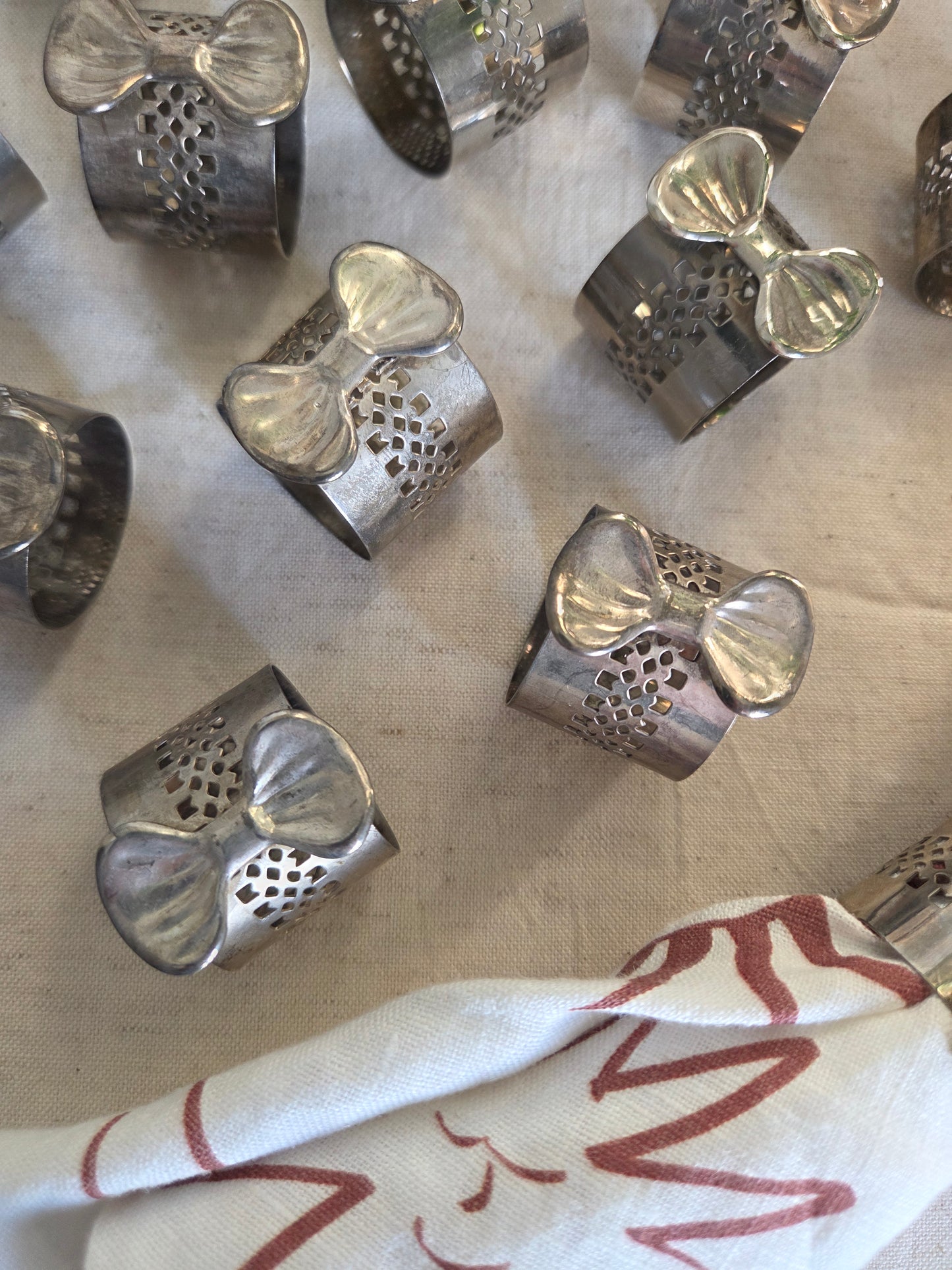12 Fretwork Silver Bows Vintage Napkin Rings