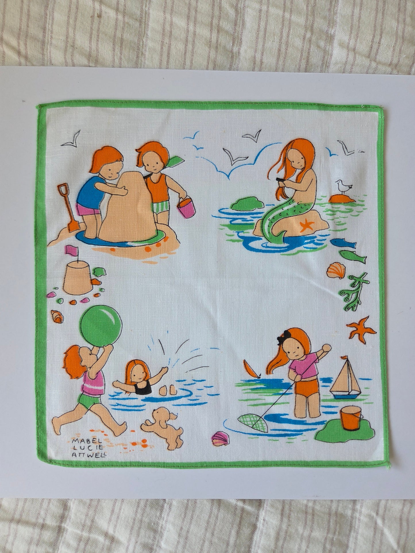 Framed Vintage Mabel Lucie Attwell Handkerchief in Bobbin Frame - Seaside Scene