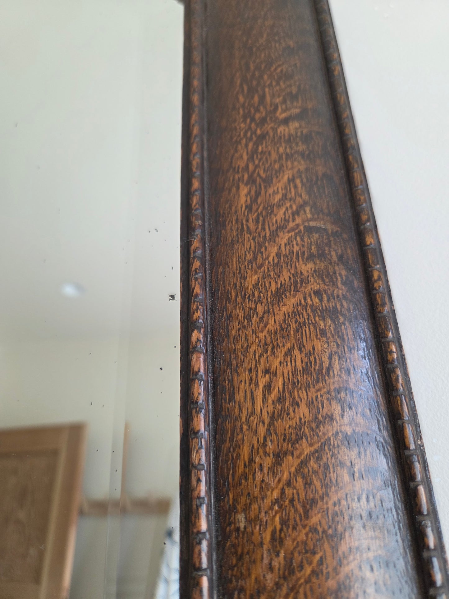 Vintage Oak Hexagonal Mirror with Bobbin Trim Details