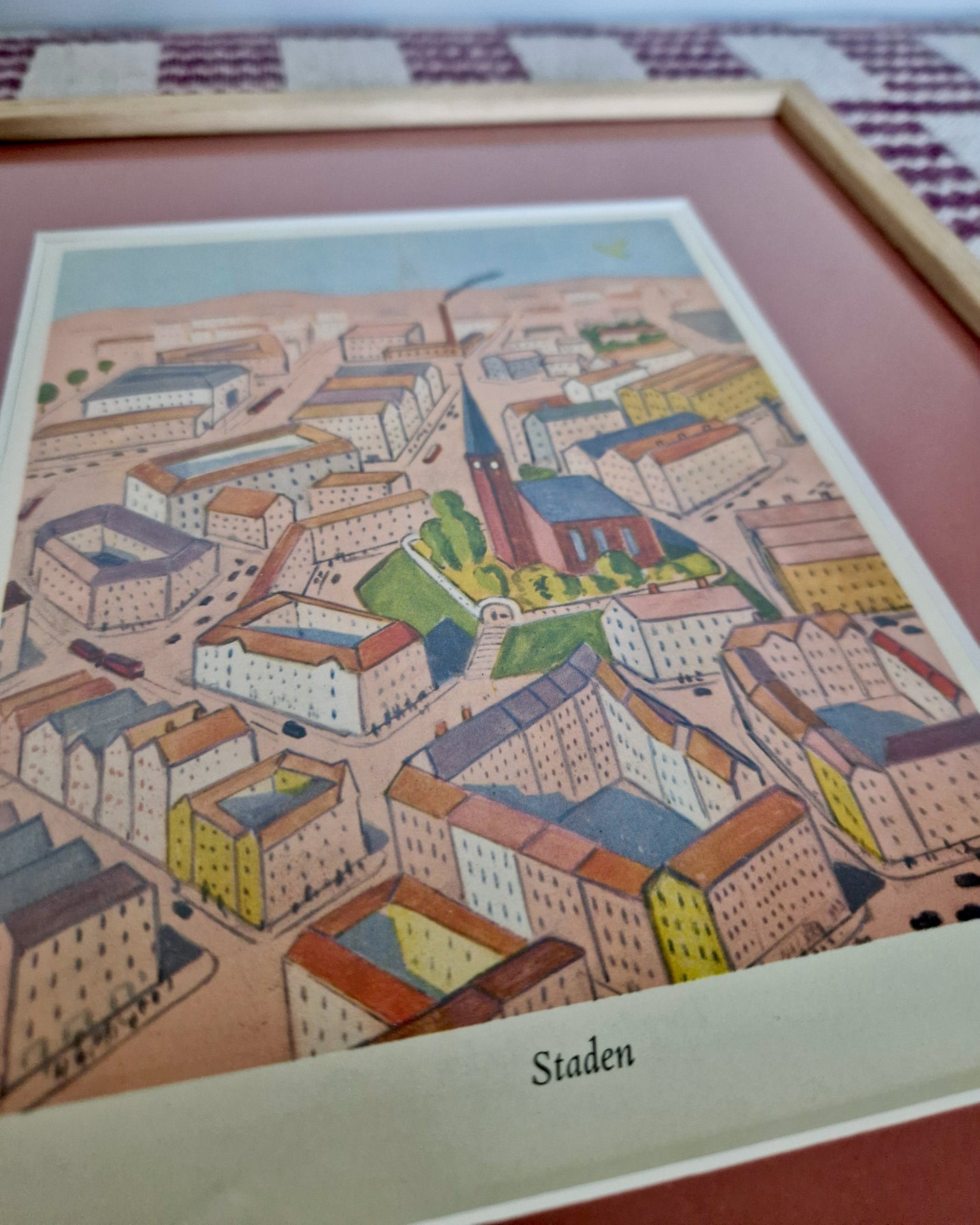 Framed Vintage Swedish Children's Illustration - The Town