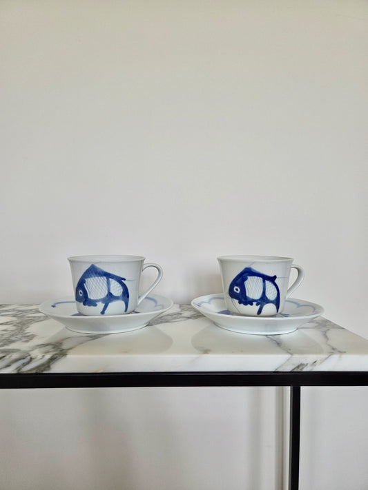 A Pair of Hand Painted Fish Teacup and Saucers