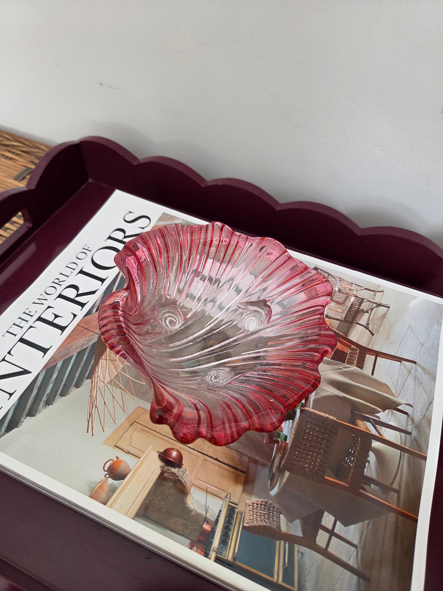 Red pink glass shell dish