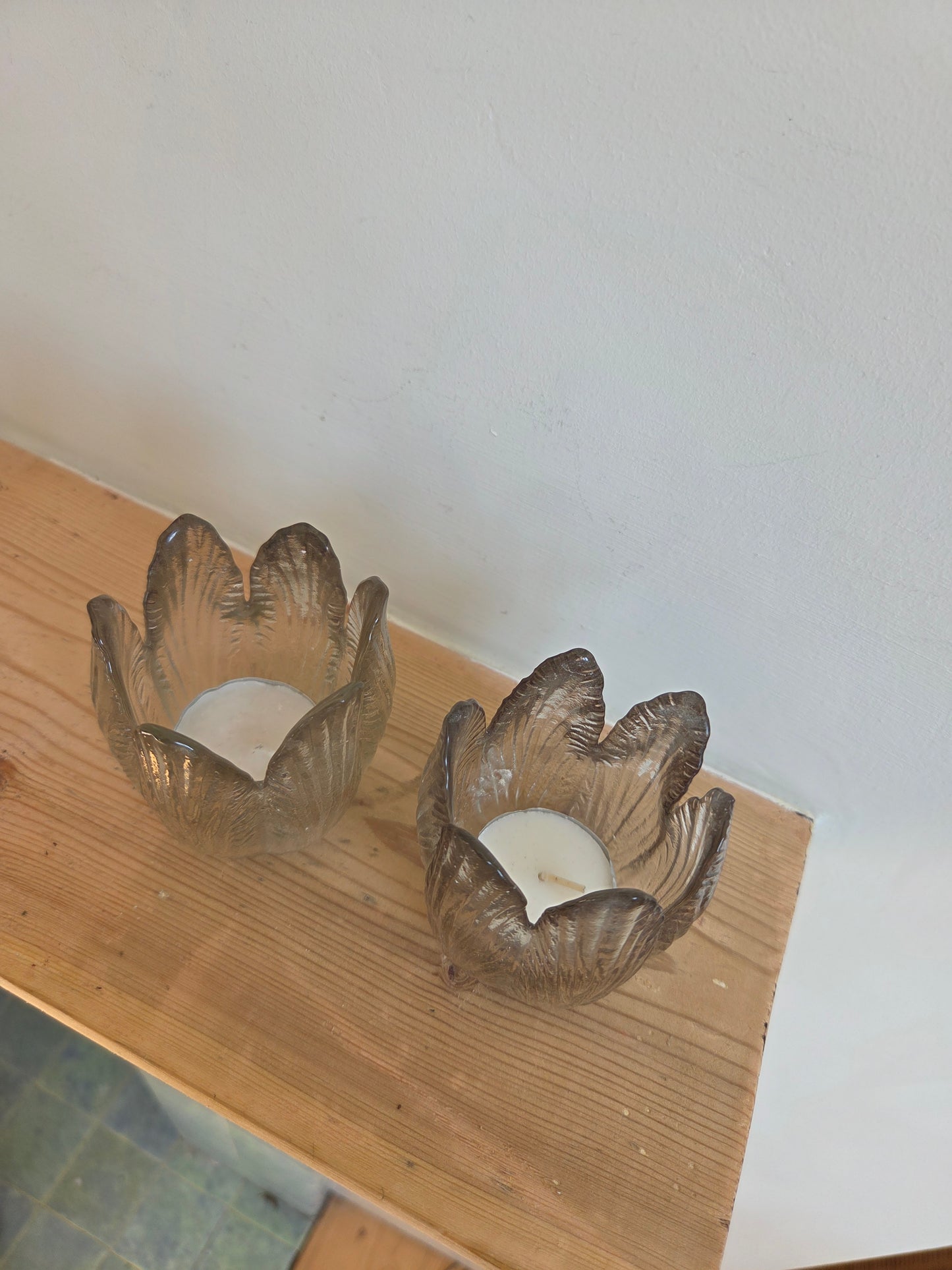 Pair of Glass Leaf Tealight Holders