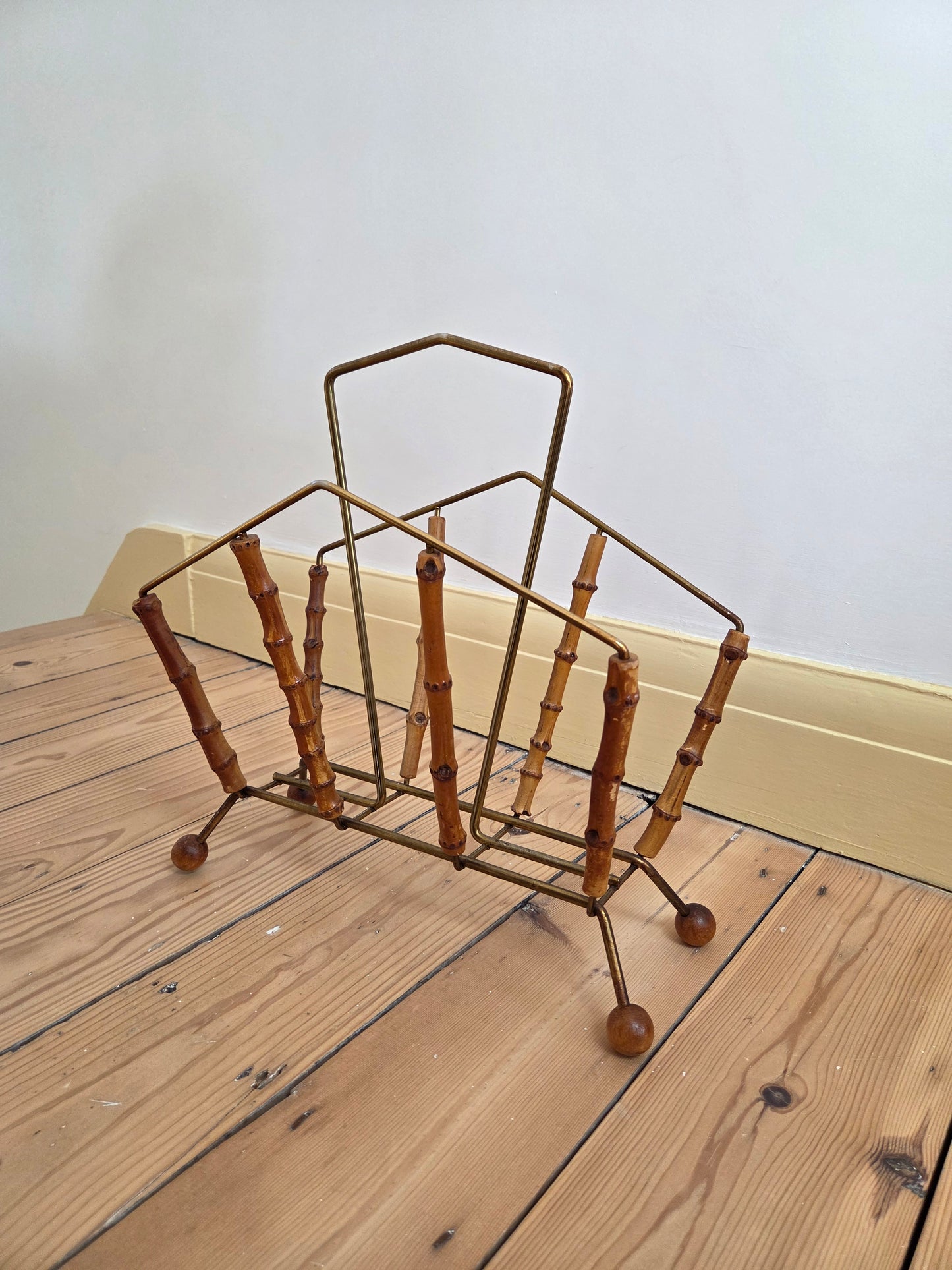 Bamboo and Brass Triangle Magazine Rack