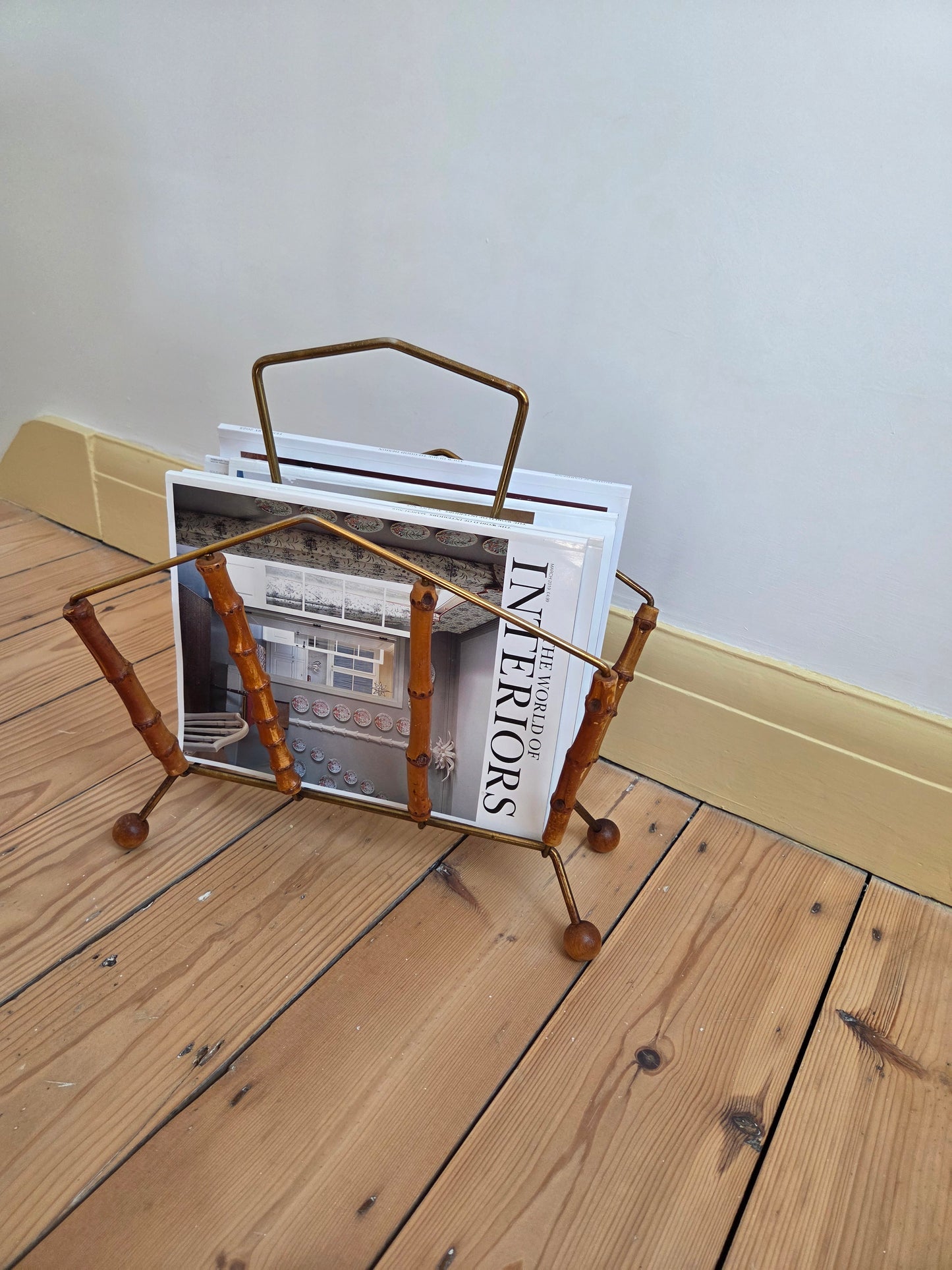 Bamboo and Brass Triangle Magazine Rack