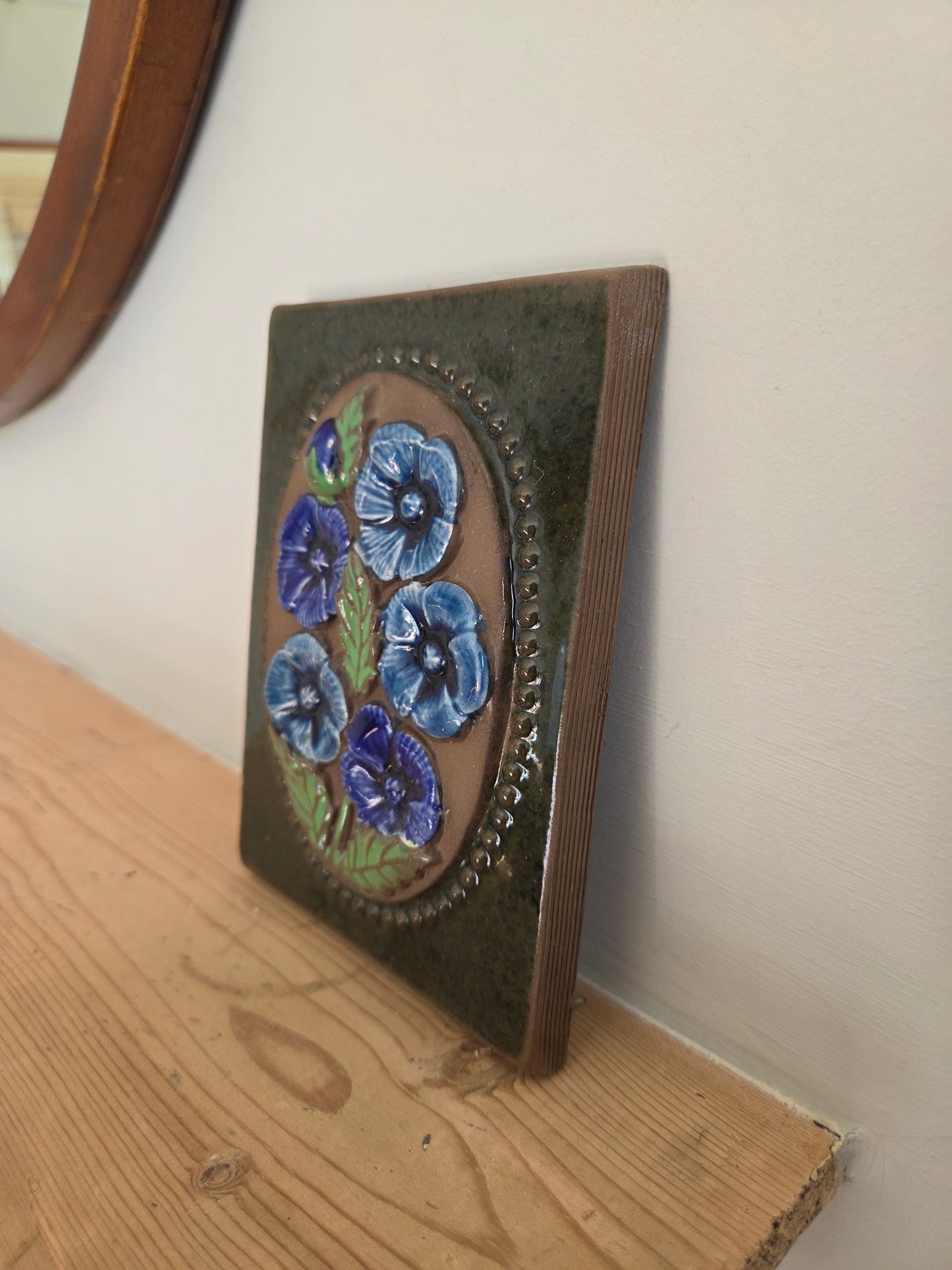 Vintage Swedish JIE Wall Tile with Blue Flowers 841