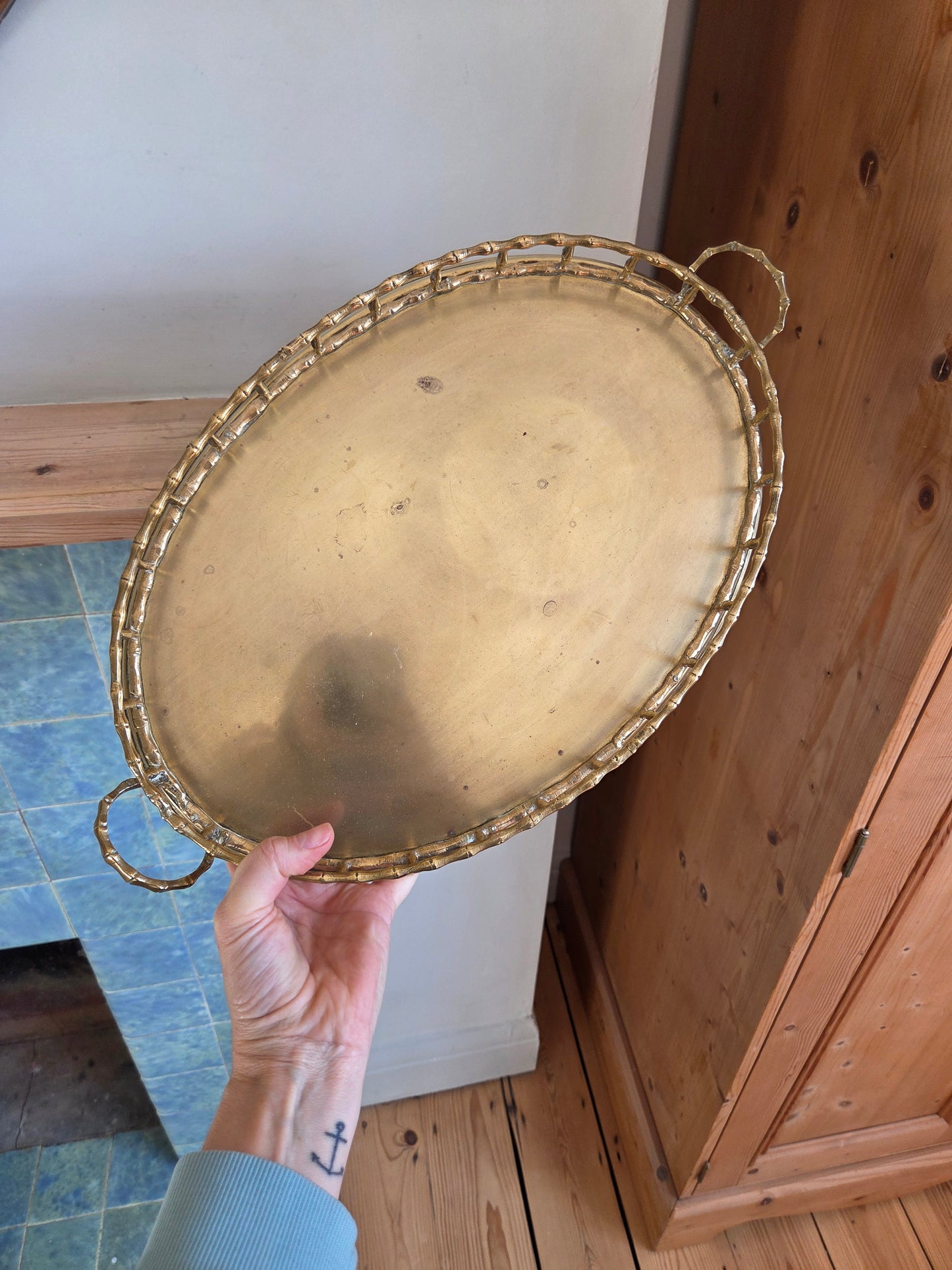 Vintage Brass Tray with Faux Bamboo Detail