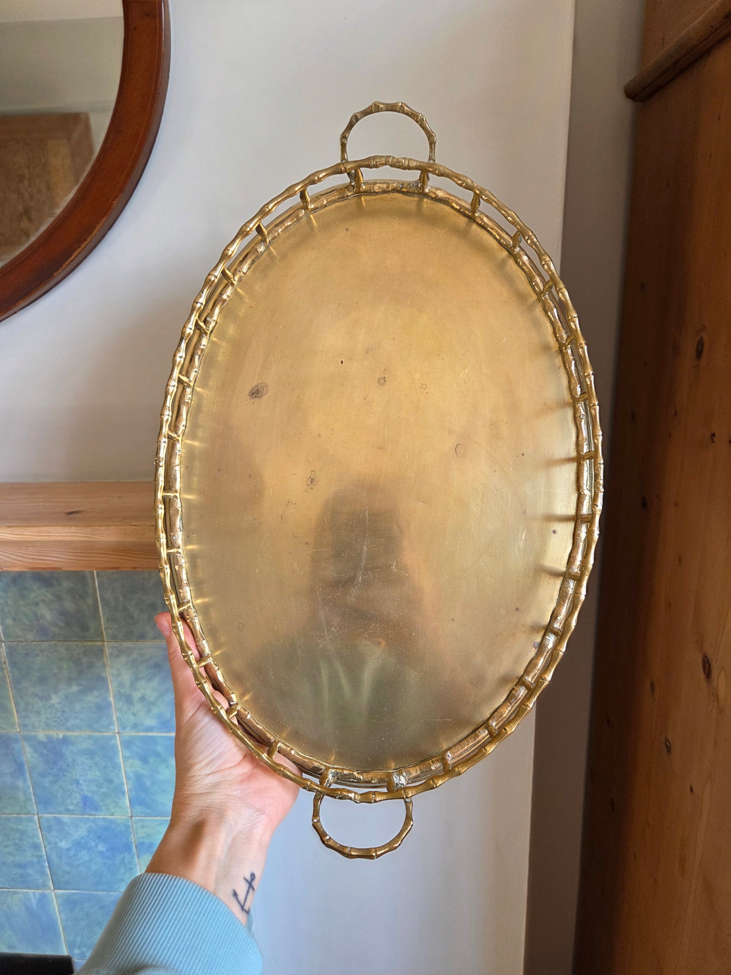 Vintage Brass Tray with Faux Bamboo Detail