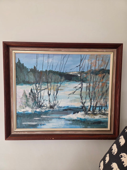 Vintage Swedish Oil Painting of a Winter Scene