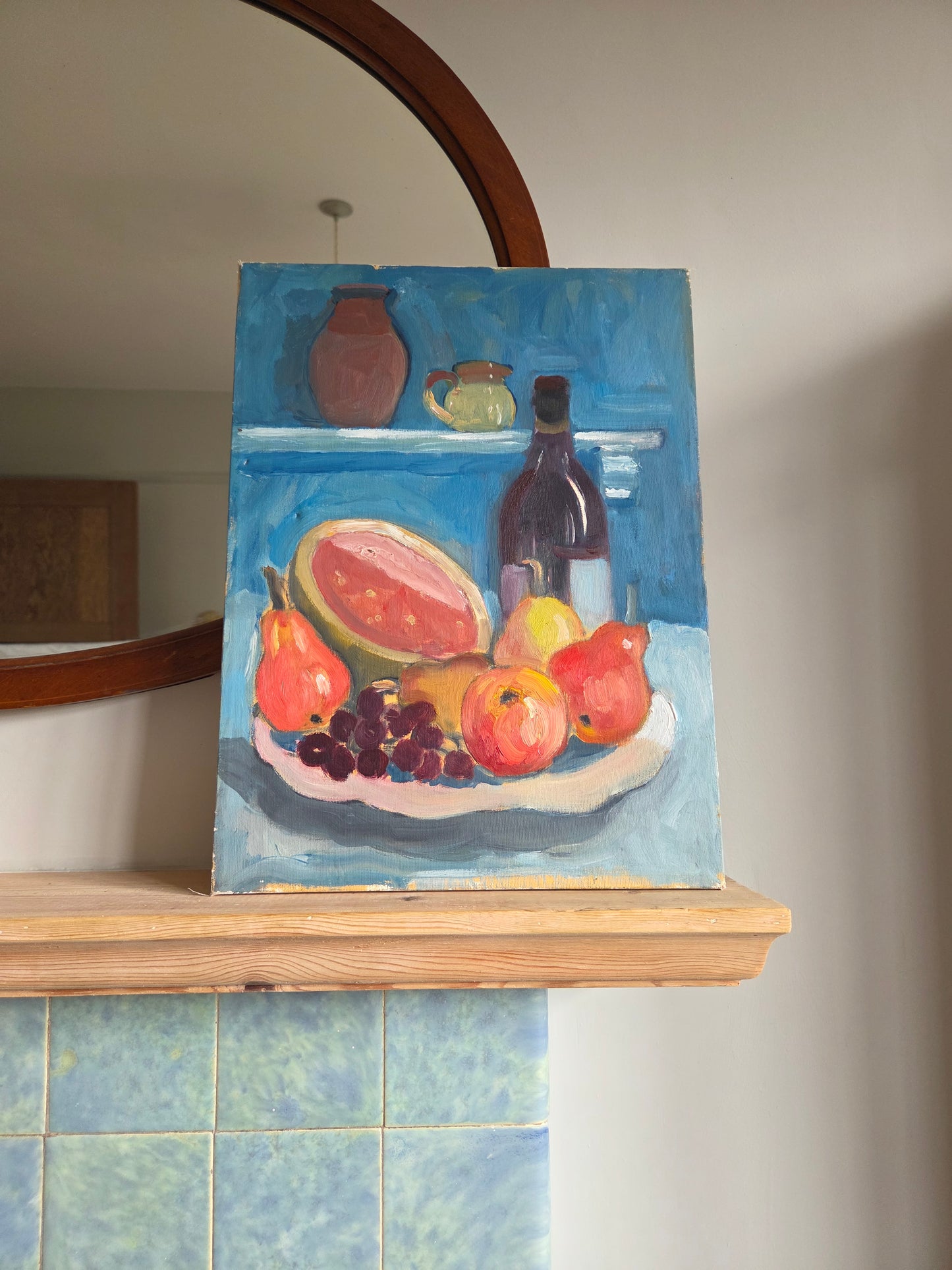 Vintage Oil Painting of Fruit and Wine