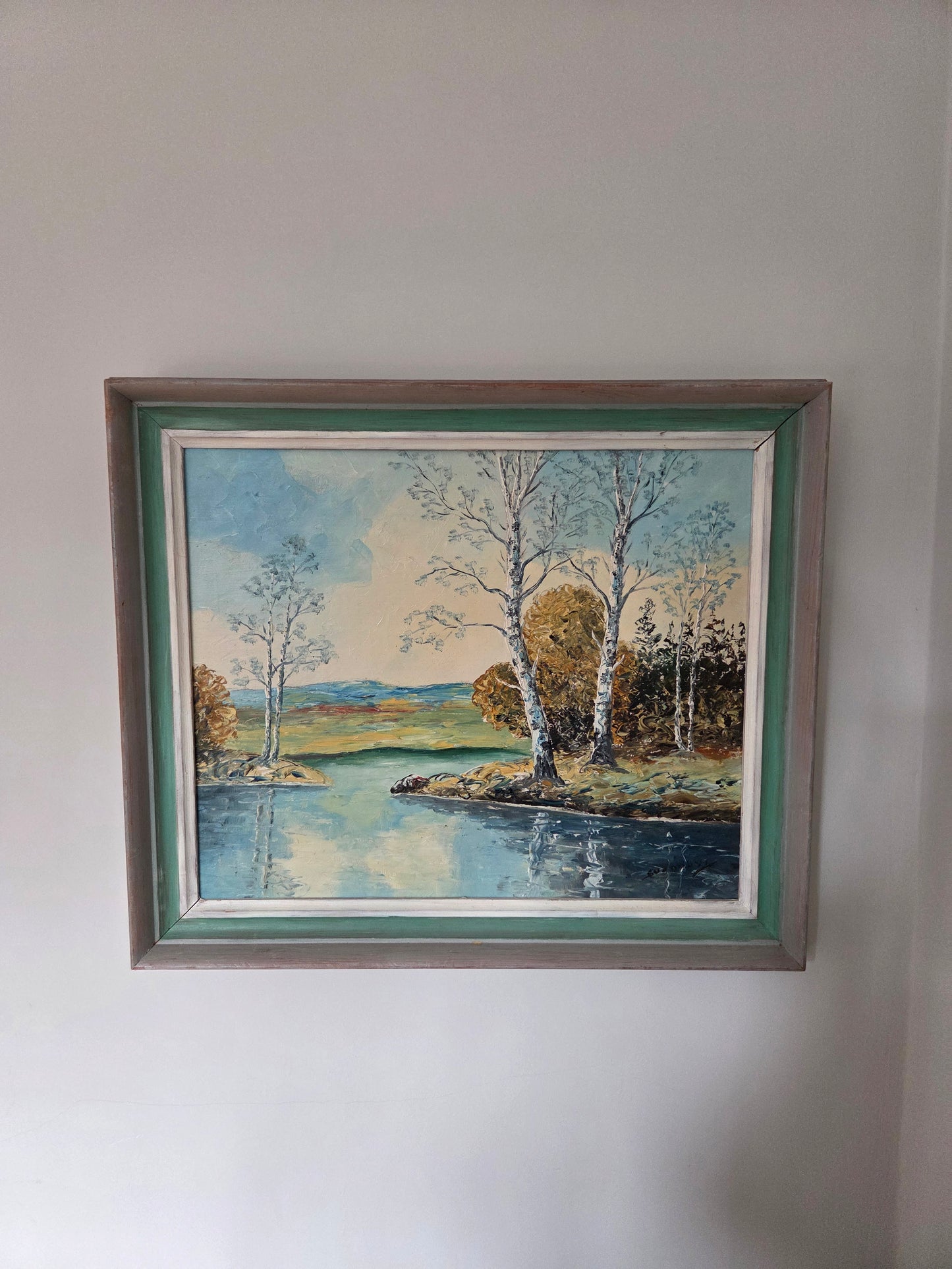 Vintage Swedish Oil Painting of a Lake Scene