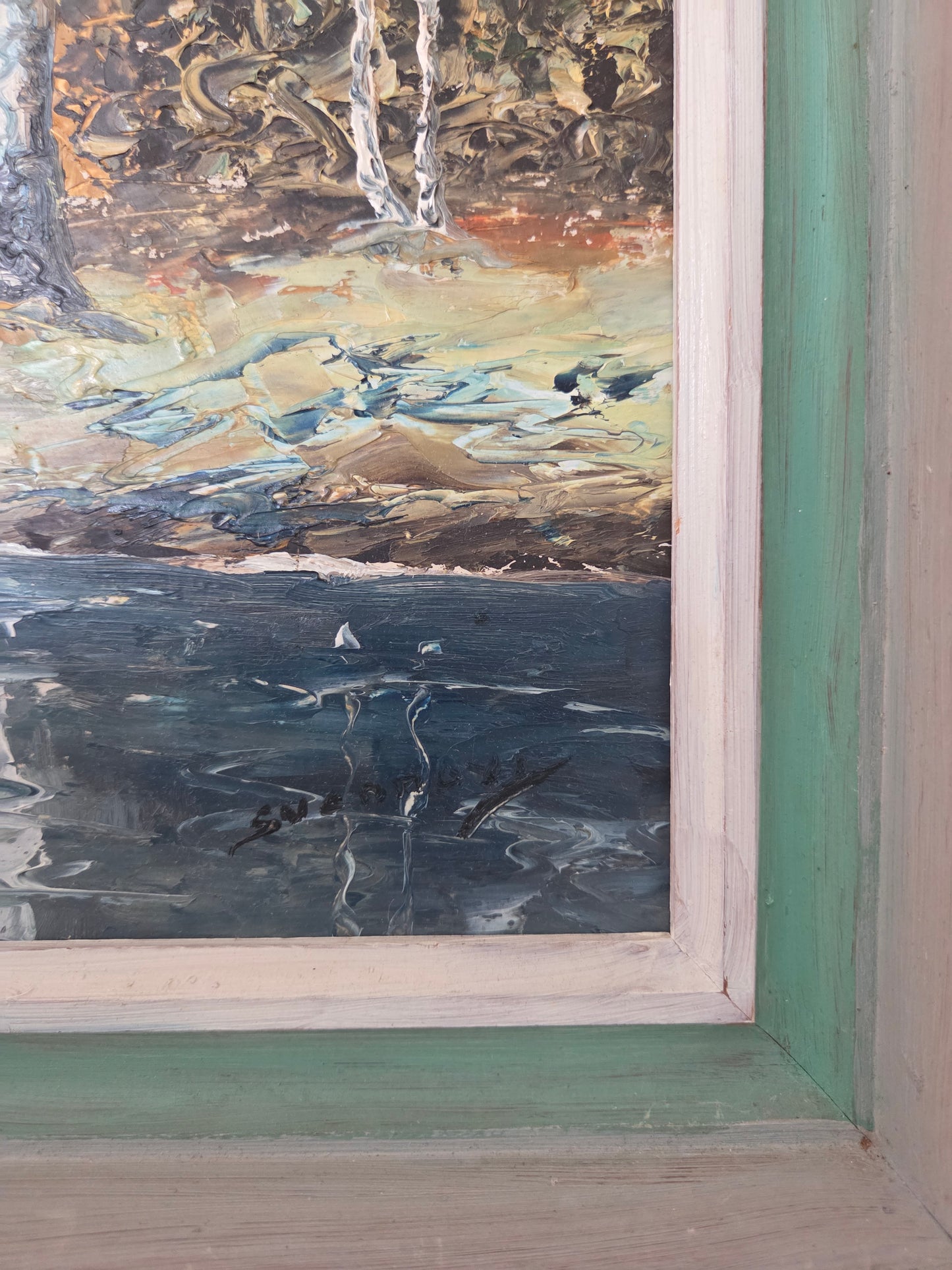 Vintage Swedish Oil Painting of a Lake Scene