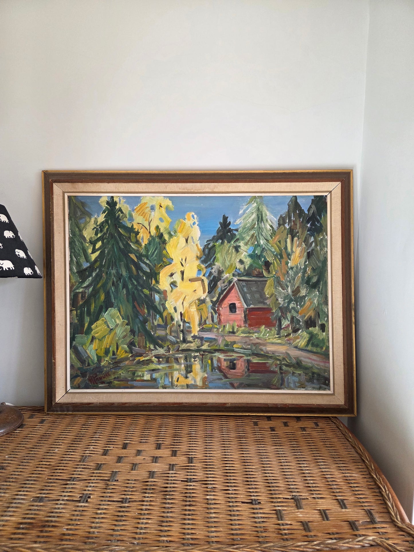 Swedish Oil Painting of a Red House by a Lake