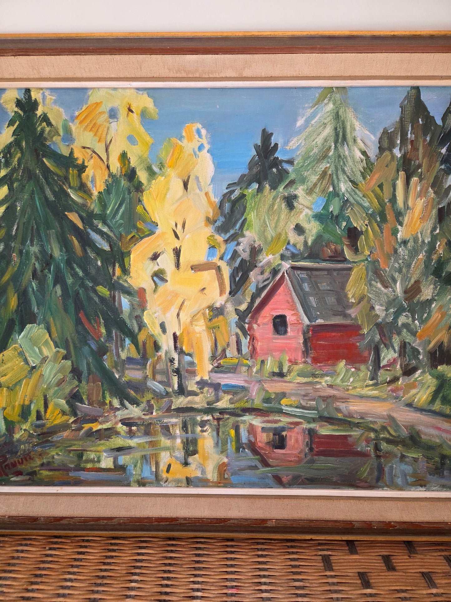 Swedish Oil Painting of a Red House by a Lake