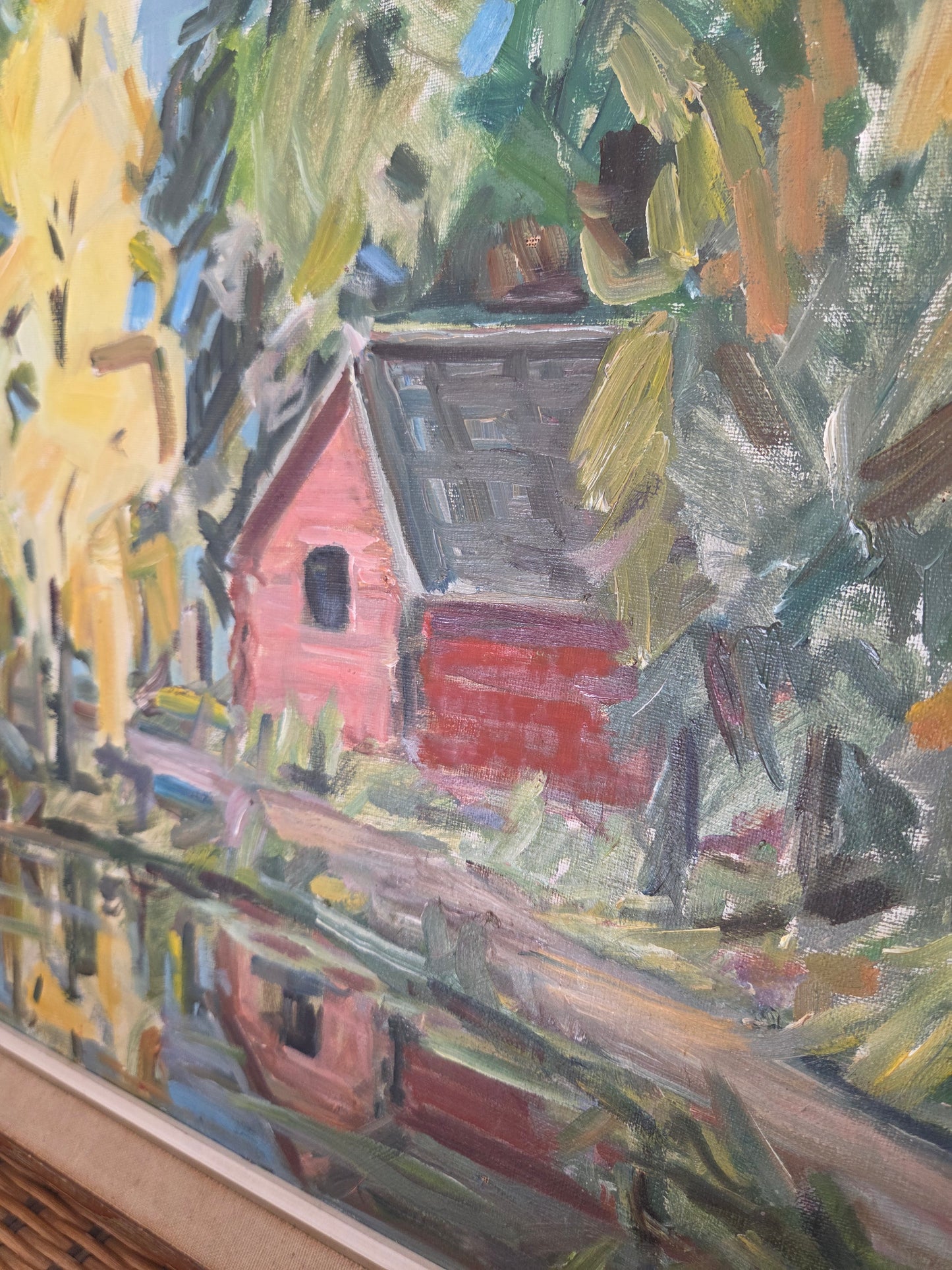 Swedish Oil Painting of a Red House by a Lake