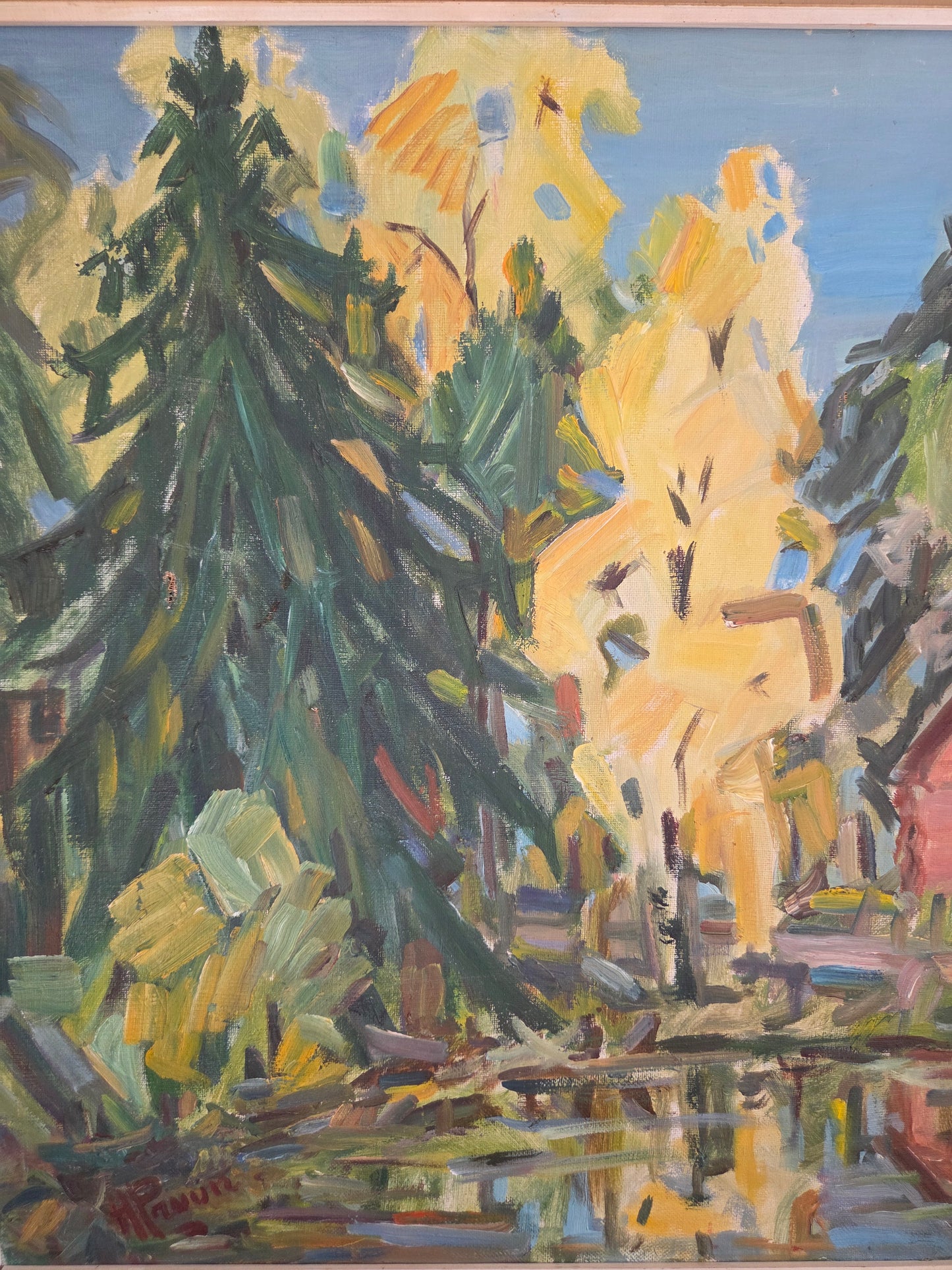 Swedish Oil Painting of a Red House by a Lake