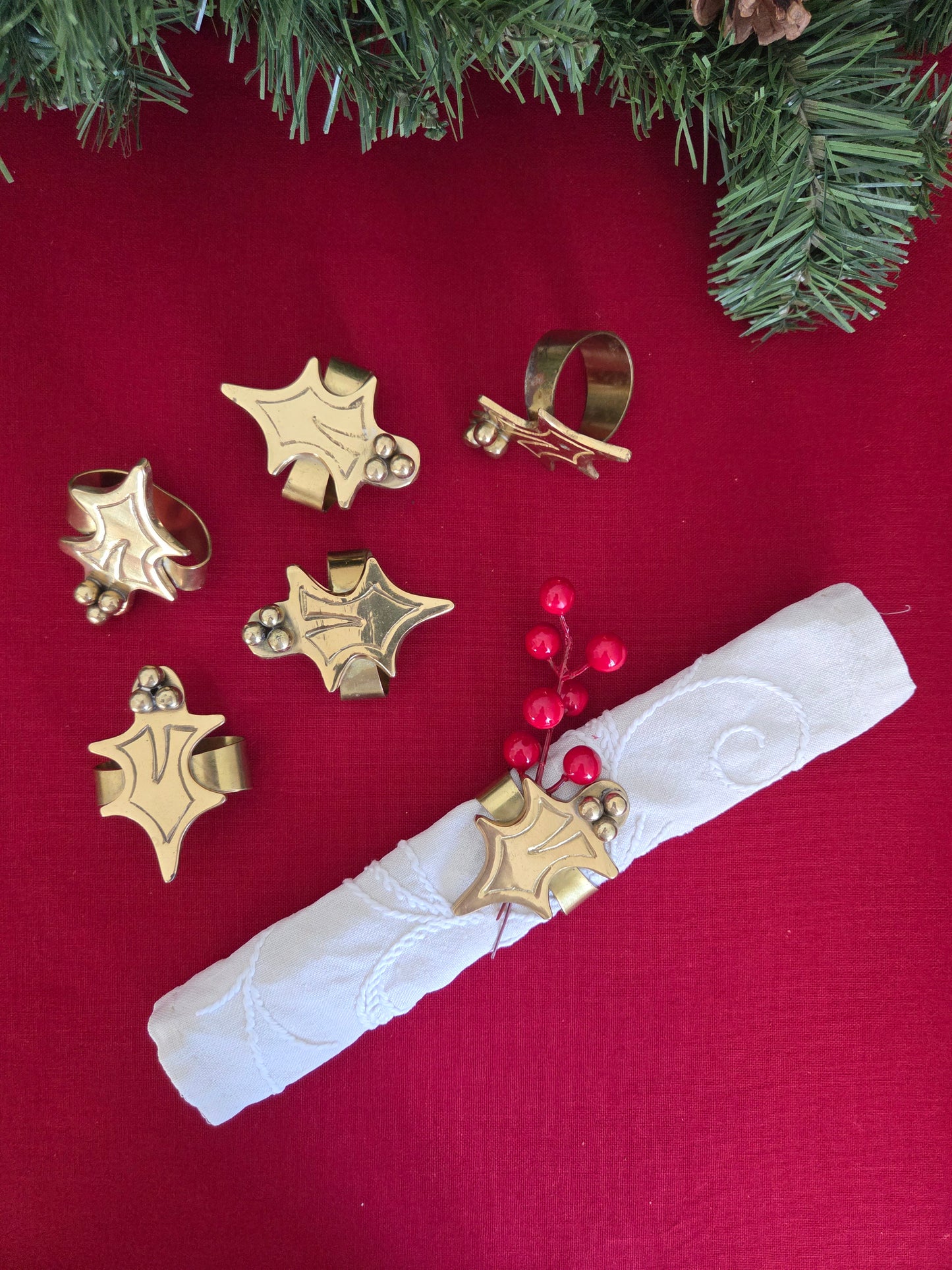 Set of Six Brass Holly Napkin Rings (1/2)