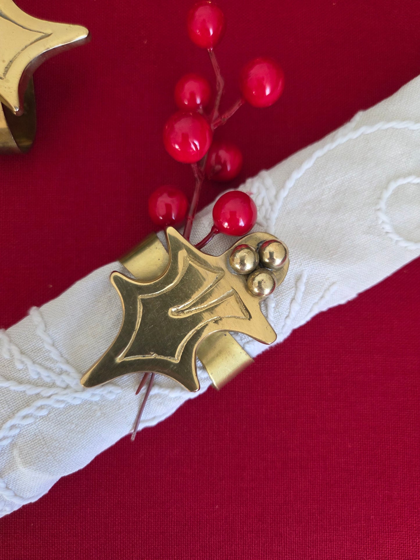 Set of Six Brass Holly Napkin Rings (1/2)