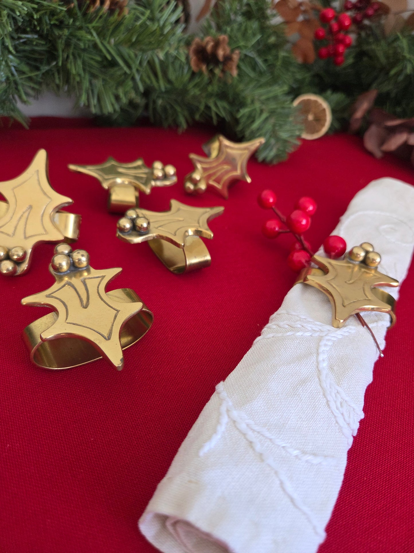 Set of Six Brass Holly Napkin Rings (1/2)