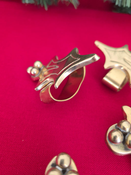 Set of Six Brass Holly Napkin Rings (1/2)