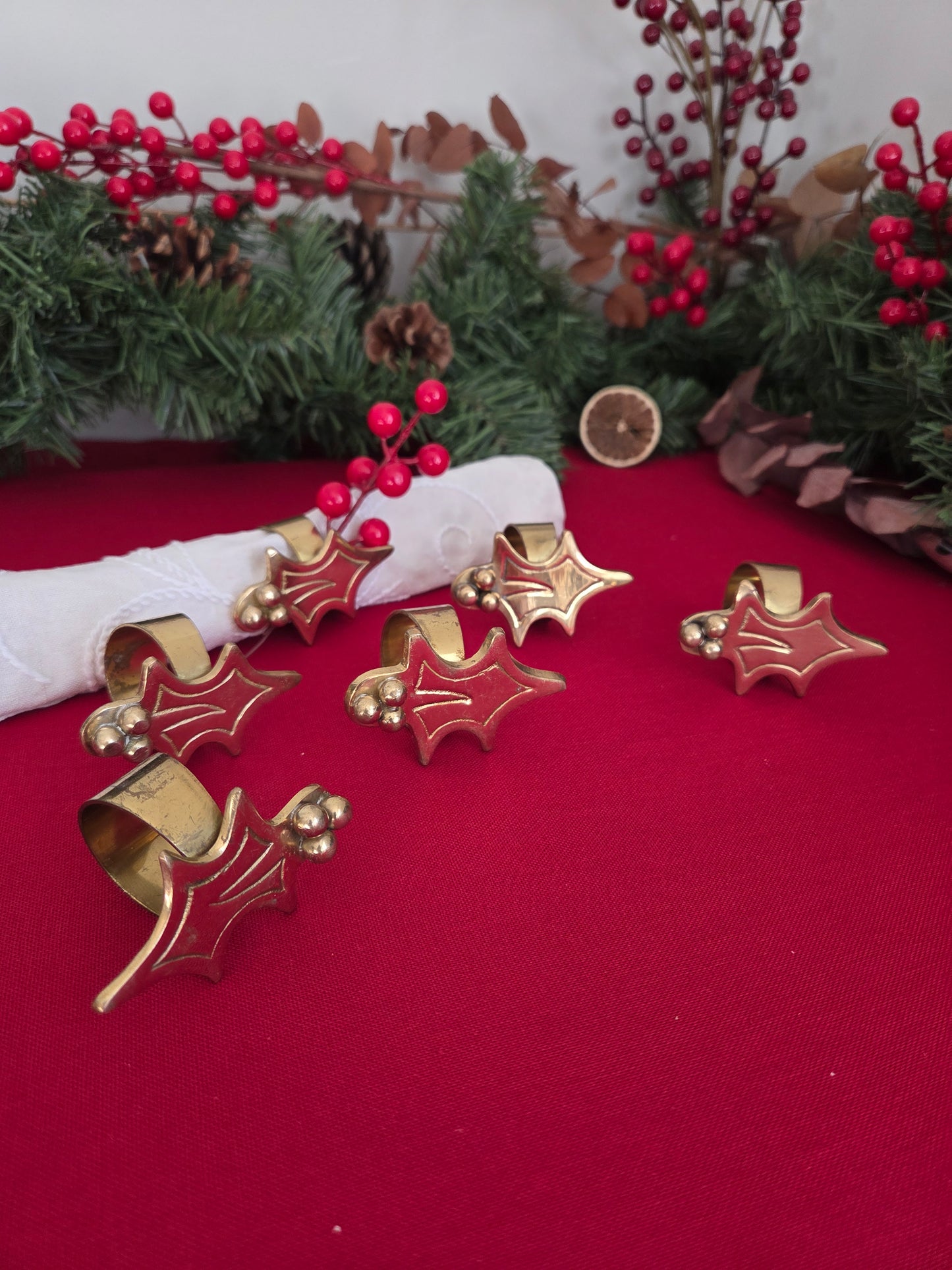 Set of Six Brass Holly Napkin Rings (2/2)