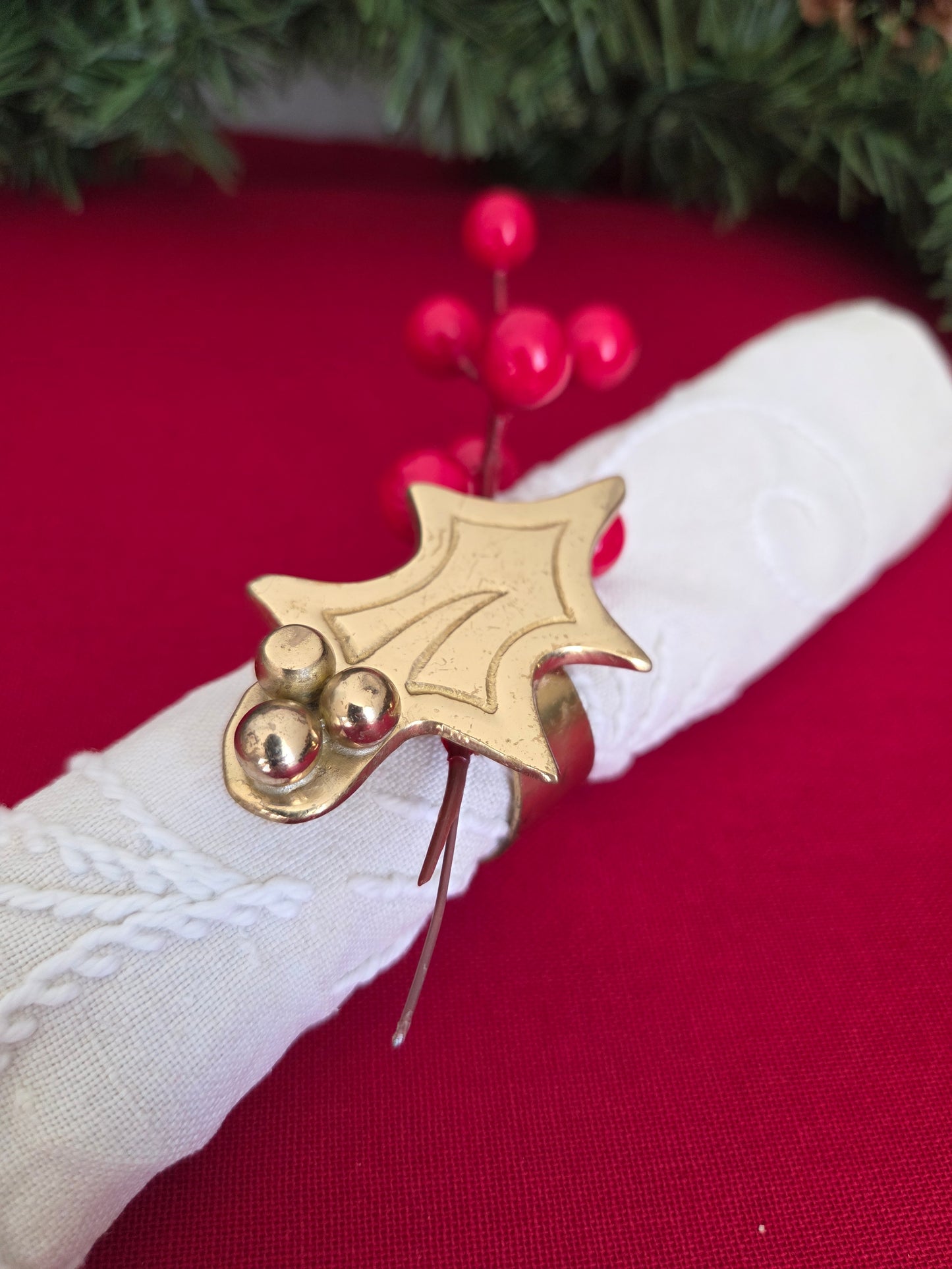 Set of Six Brass Holly Napkin Rings (2/2)