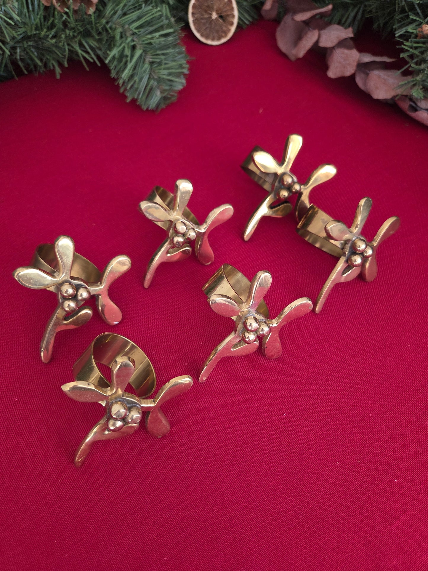 Set of Six Brass Mistletoe Napkin Rings