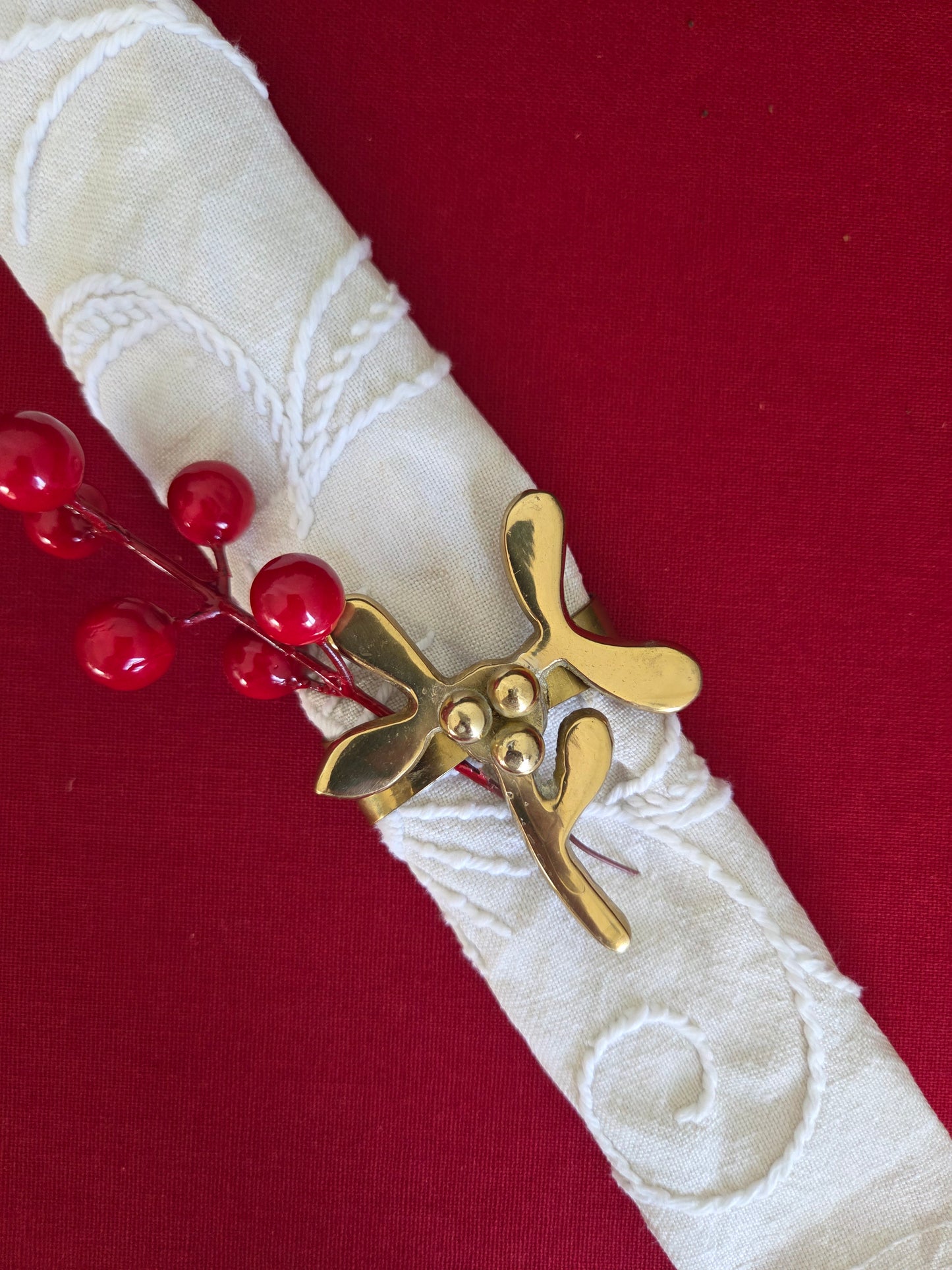 Set of Six Brass Mistletoe Napkin Rings