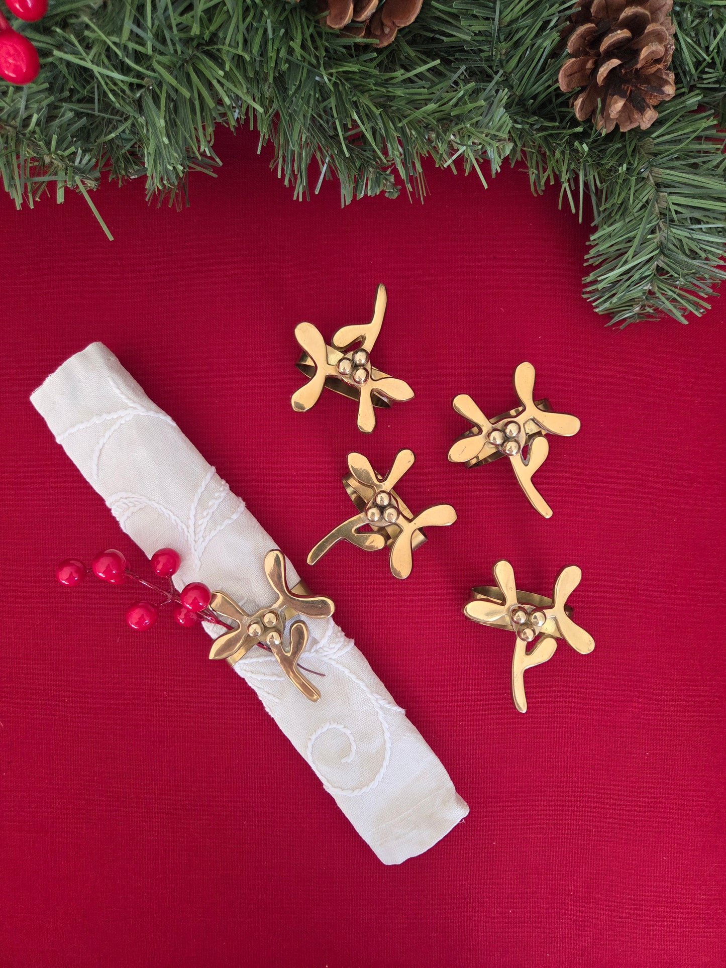 Set of Six Brass Mistletoe Napkin Rings (2/2)