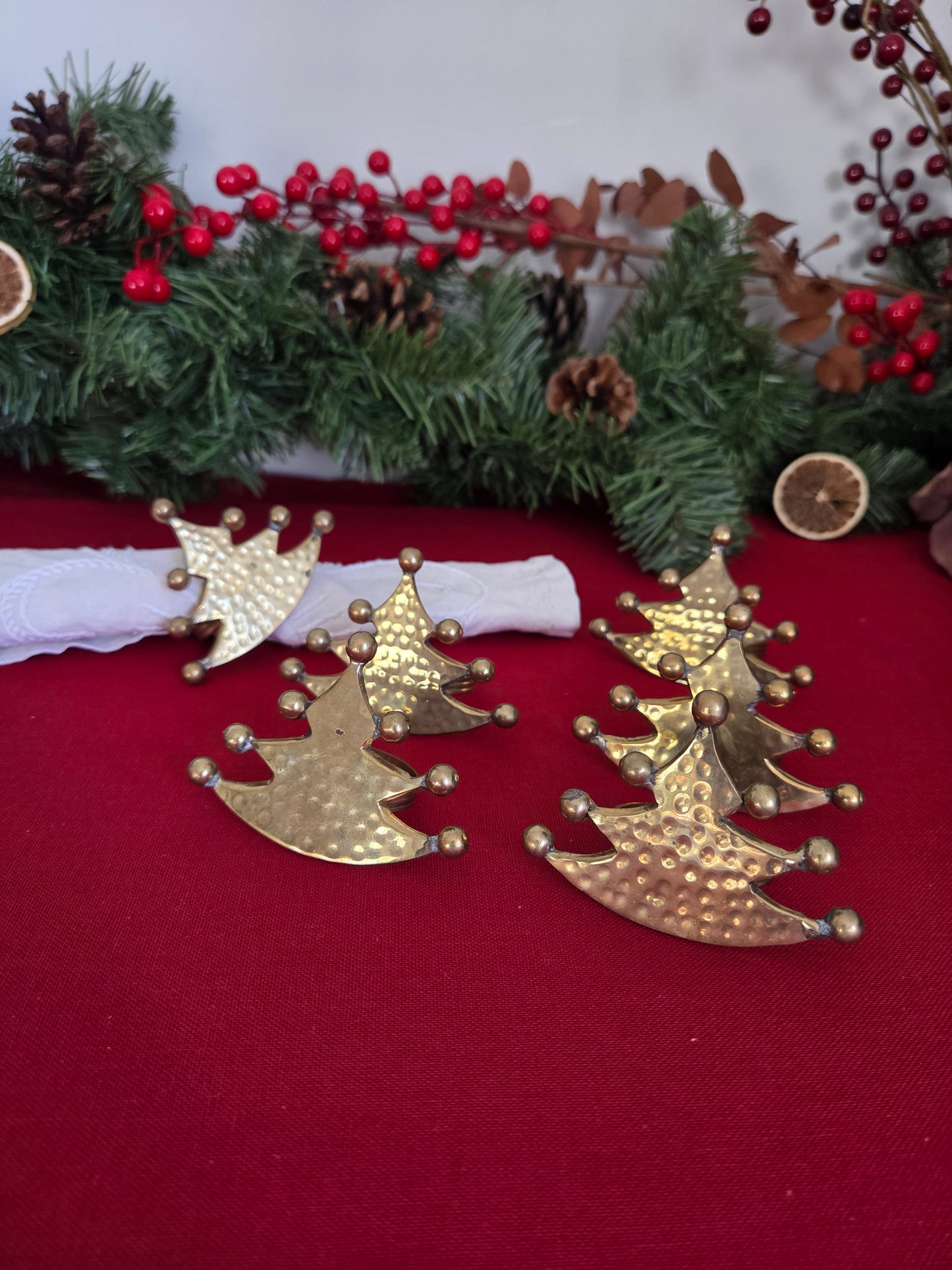 Set of Six Brass Christmas Tree Napkin Rings