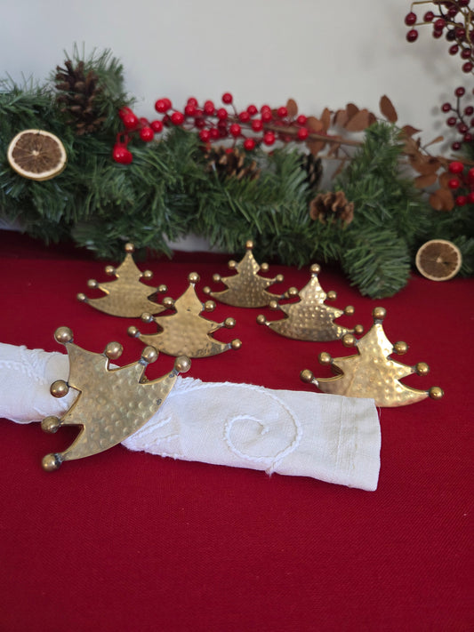 Set of Six Brass Christmas Tree Napkin Rings